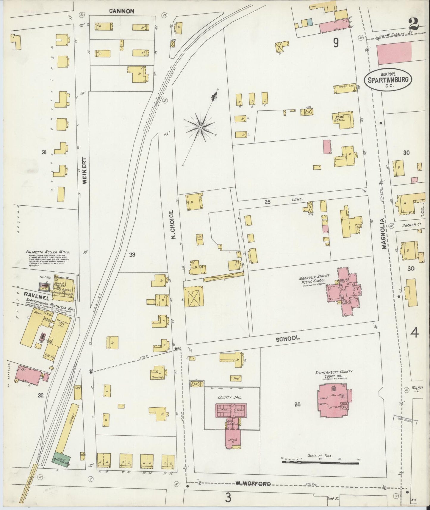 Sanborn Fire Insurance Map from Spartanburg, Spartanburg County, South Carolina (1902), Sheet #0002 - Historic Sanborn Fire Insurance Map Print, vintage old map wall art, antique decor, genealogy gift, South Carolina South Carolina map
