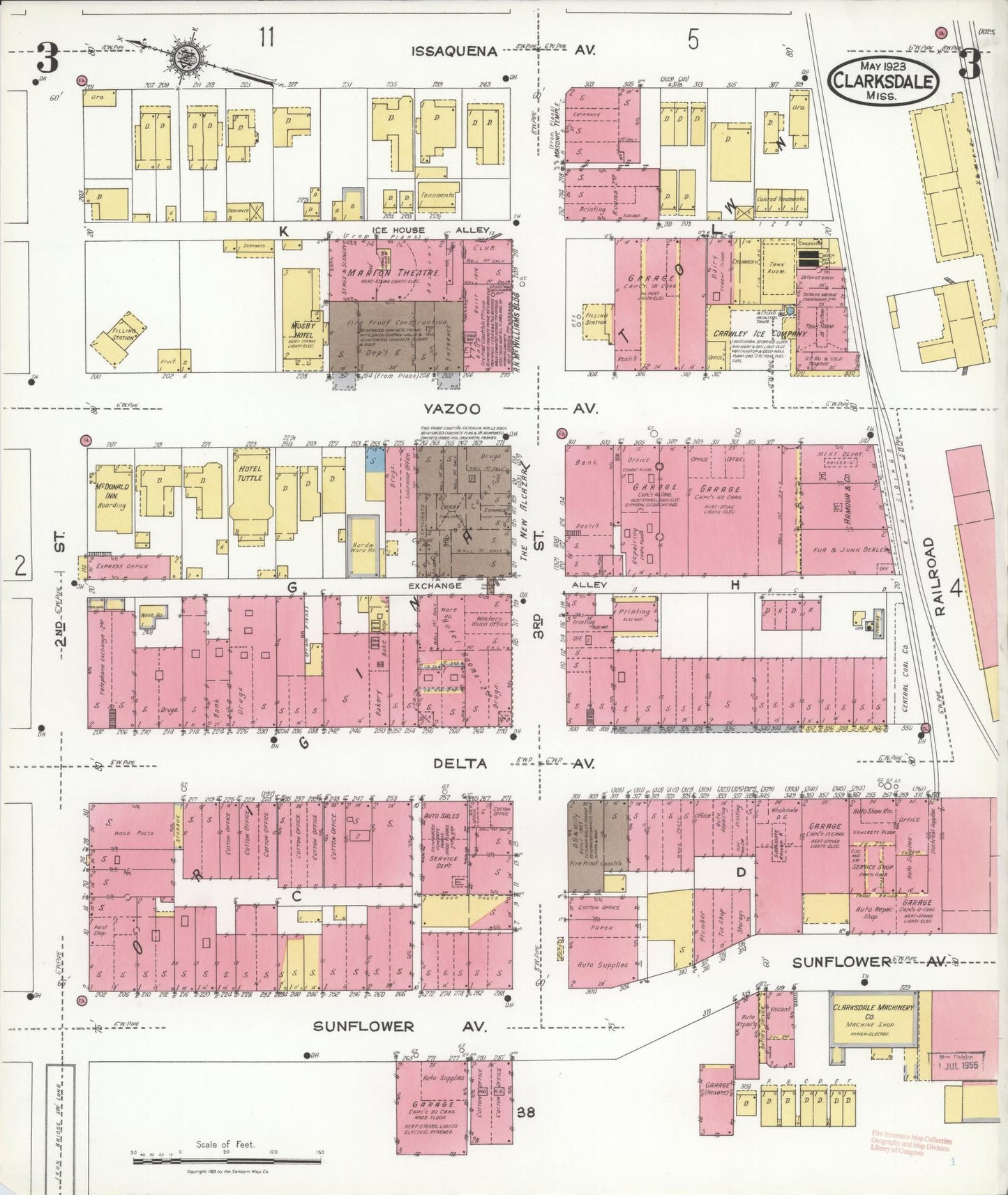 Sanborn Fire Insurance Map from Clarksdale, Coahoma County, Mississippi (1923), Sheet #0003 - Historic Sanborn Fire Insurance Map Print, vintage old map wall art, antique decor, genealogy gift, Mississippi Mississippi map