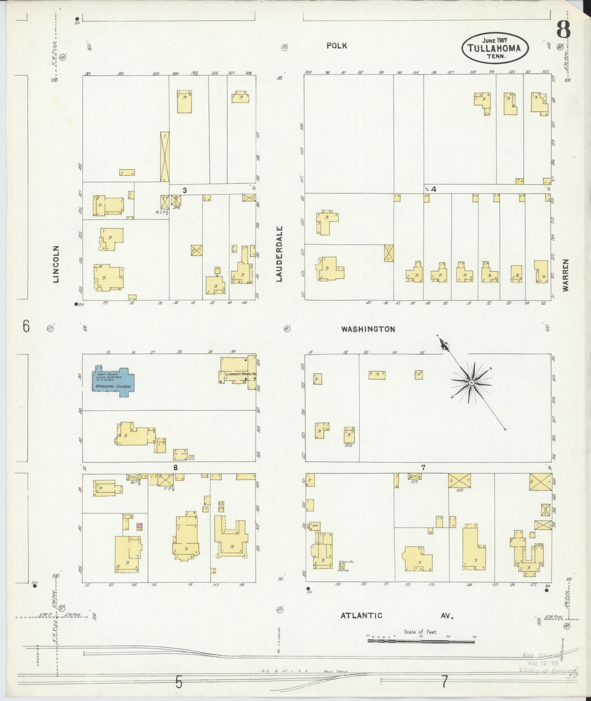 Sanborn Fire Insurance Map from Tullahoma, Coffee County, Tennessee (1907), Sheet #0008 - Historic Sanborn Fire Insurance Map Print, vintage old map wall art, antique decor, genealogy gift, Tennessee Tennessee map