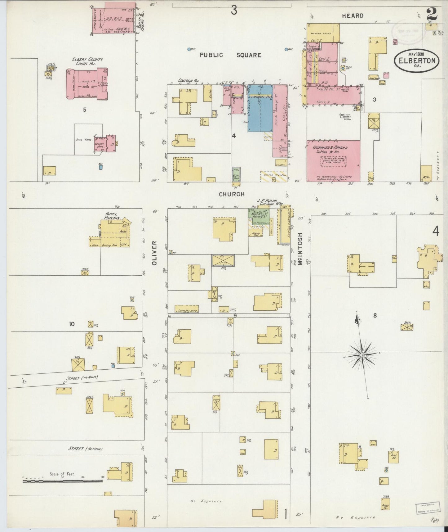 Sanborn Fire Insurance Map from Elberton, Elbert County, Georgia (1898), Sheet #0002 - Historic Sanborn Fire Insurance Map Print, vintage old map wall art, antique decor, genealogy gift, Georgia Georgia map