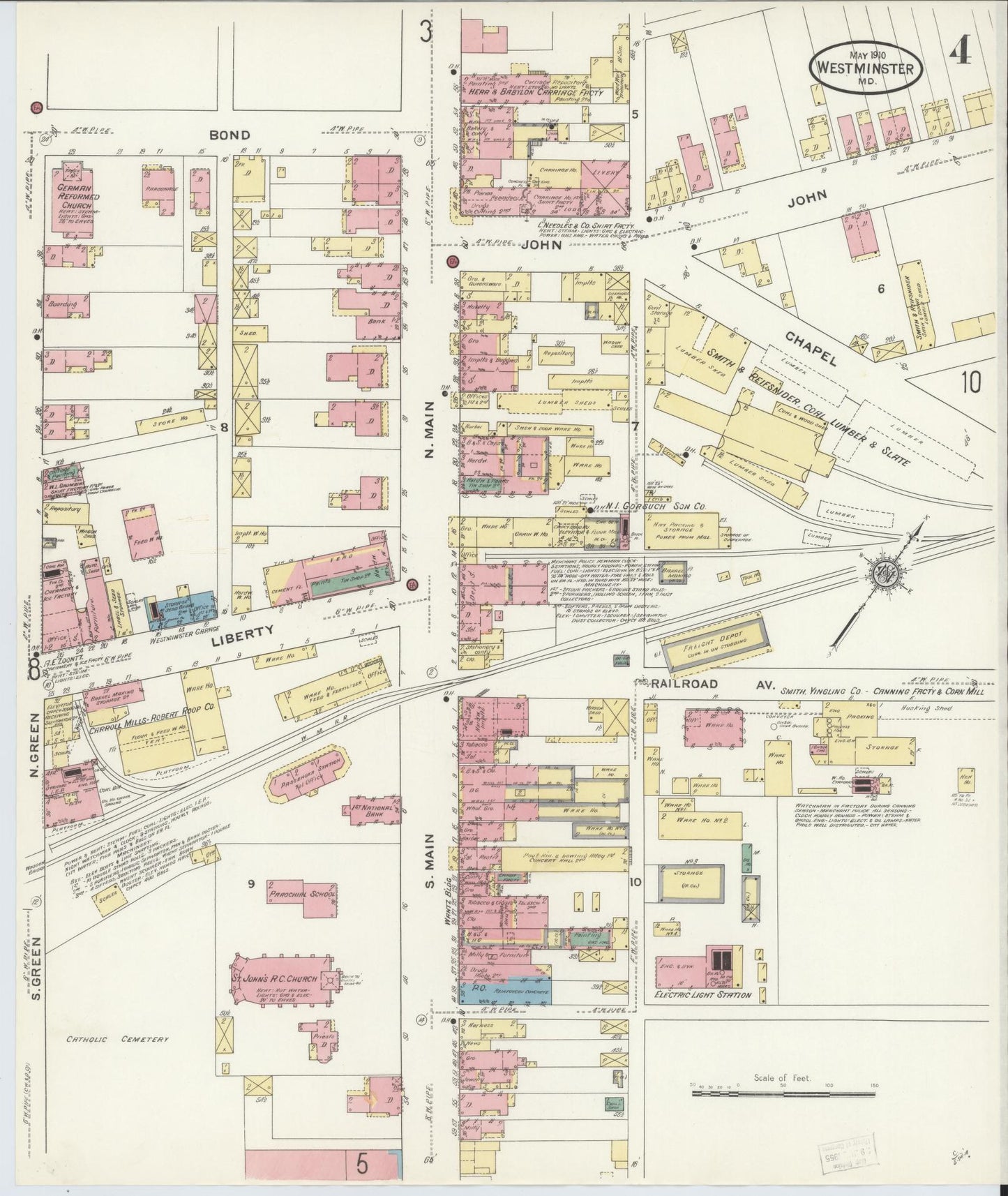 Sanborn Fire Insurance Map from Westminster, Carroll County, Maryland (1910), Sheet #0004 - Historic Sanborn Fire Insurance Map Print, vintage old map wall art, antique decor, genealogy gift, Maryland Maryland map