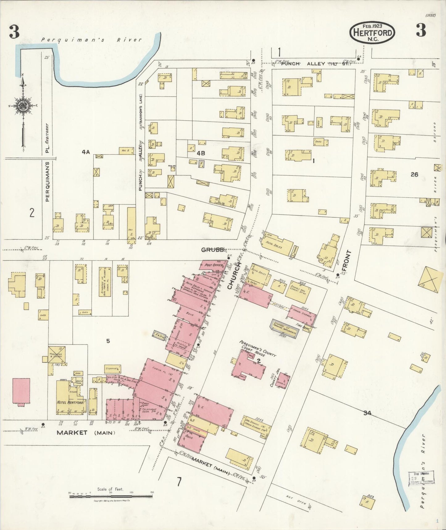 Sanborn Fire Insurance Map from Hertford, Perquimans County, North Carolina (1923), Sheet #0003 - Historic Sanborn Fire Insurance Map Print, vintage old map wall art, antique decor, genealogy gift, North Carolina North Carolina map