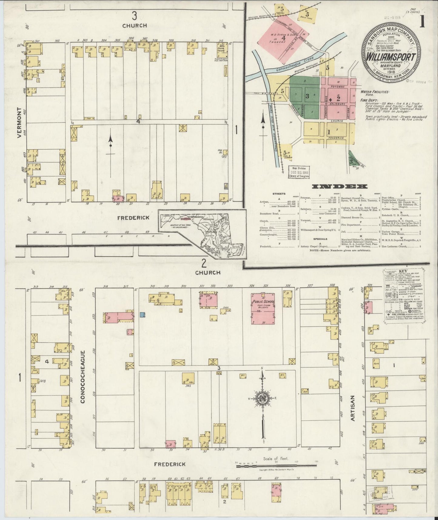 Sanborn Fire Insurance Map from Williamsport, Washington County, Maryland (1918), Sheet #0001 - Historic Sanborn Fire Insurance Map Print, vintage old map wall art, antique decor, genealogy gift, Maryland Maryland map