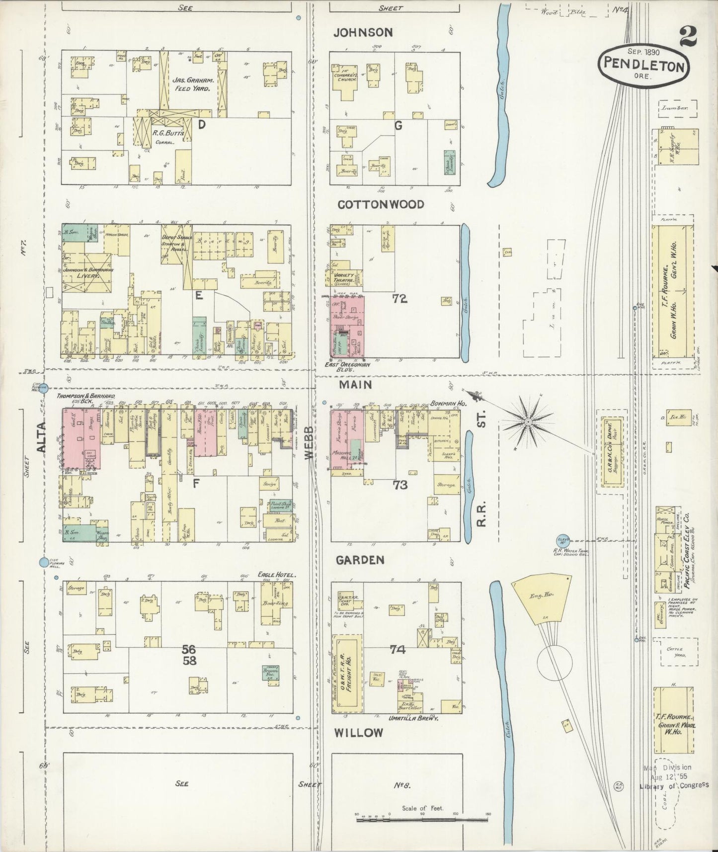 Sanborn Fire Insurance Map from Pendleton, Umatilla County, Oregon (1890), Sheet #0002 - Historic Sanborn Fire Insurance Map Print, vintage old map wall art, antique decor, genealogy gift, Oregon Oregon map