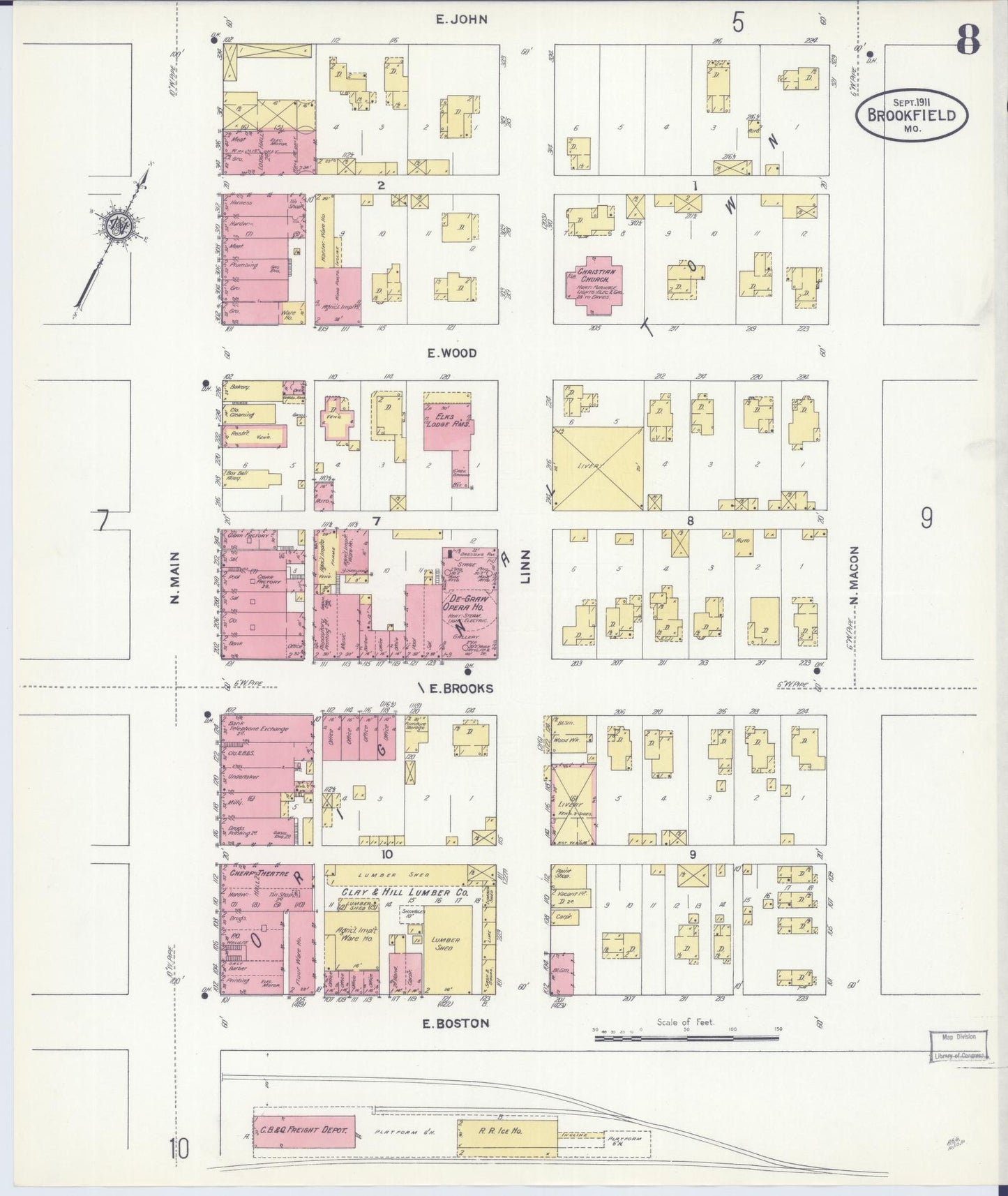 Sanborn Fire Insurance Map from Brookfield, Linn County, Missouri (1911), Sheet #0008 - Historic Sanborn Fire Insurance Map Print, vintage old map wall art, antique decor, genealogy gift, Missouri Missouri map
