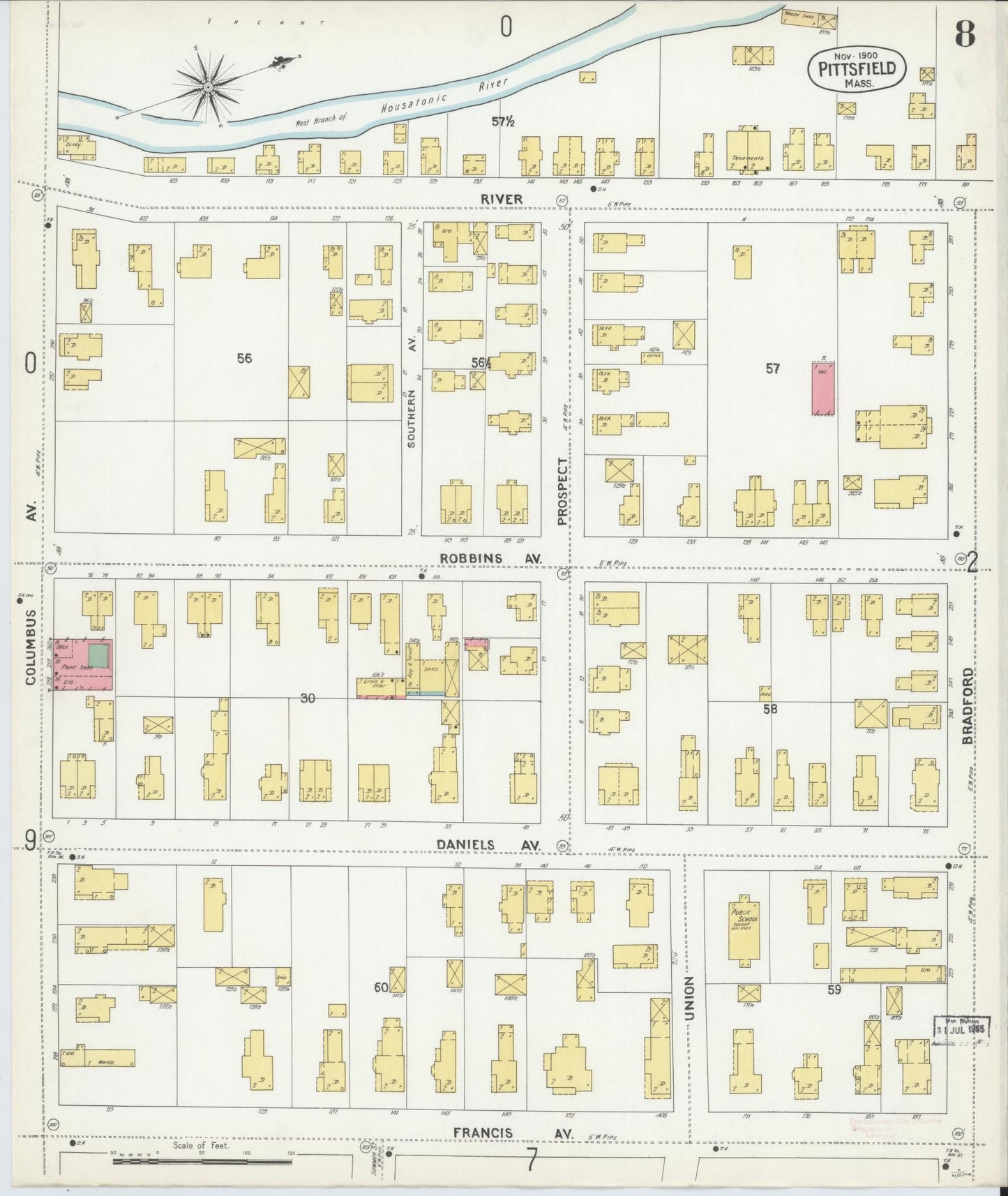 Sanborn Fire Insurance Map from Pittsfield, Berkshire County, Massachusetts (1900), Sheet #0008 - Historic Sanborn Fire Insurance Map Print, vintage old map wall art, antique decor, genealogy gift, Massachusetts Massachusetts map