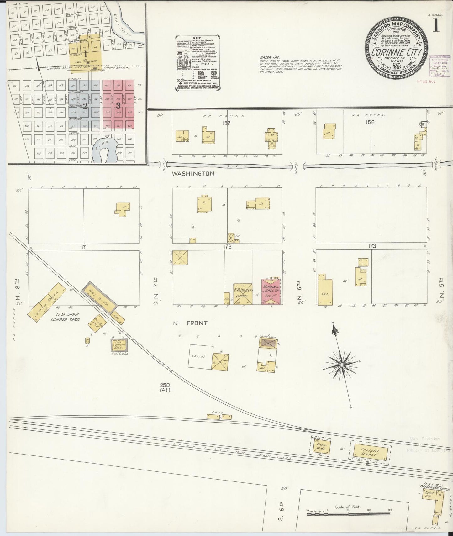 Sanborn Fire Insurance Map from Corinne, Box Elder County, Utah (1907), Sheet #0001 - Historic Sanborn Fire Insurance Map Print, vintage old map wall art, antique decor, genealogy gift, Utah Utah map