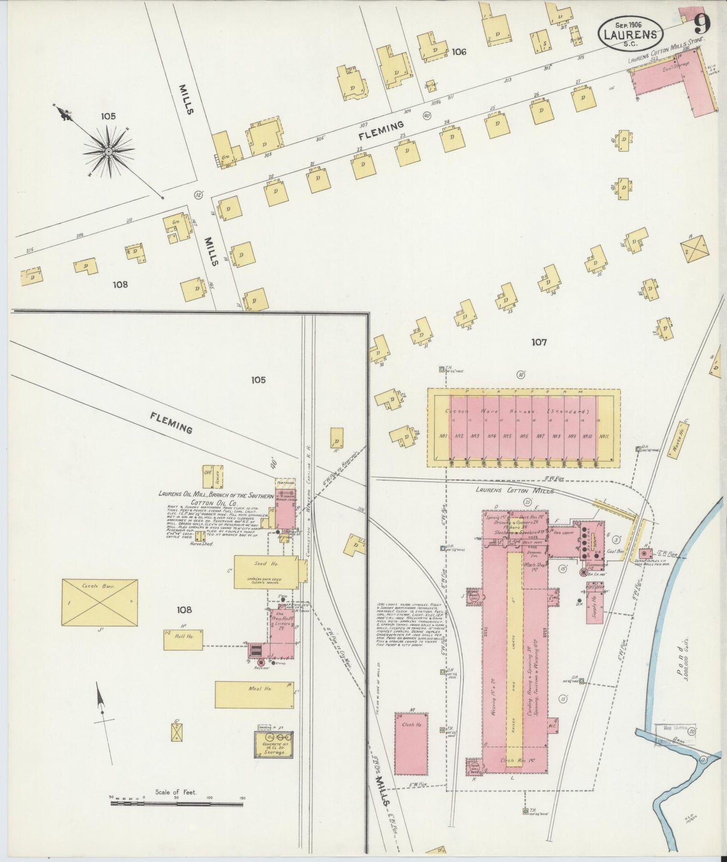 Sanborn Fire Insurance Map from Laurens, Laurens County, South Carolina (1906), Sheet #0009 - Complete Map Set gallery image, historic Sanborn map, vintage wall art, South Carolina South Carolina