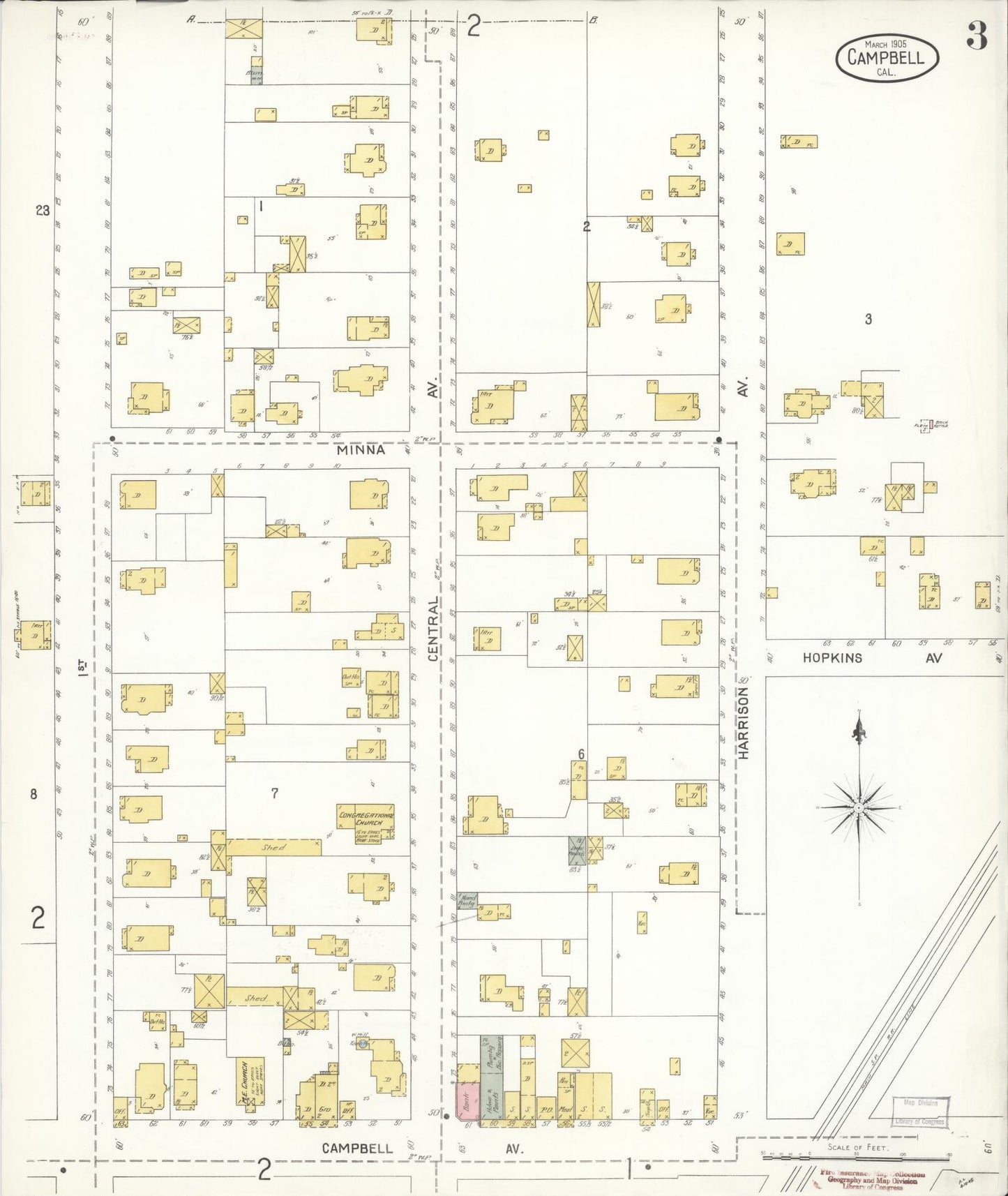 Sanborn Fire Insurance Map from Campbell, Santa Clara County, California (1905), Sheet #0003 - Complete Map Set gallery image, historic Sanborn map, vintage wall art, California California