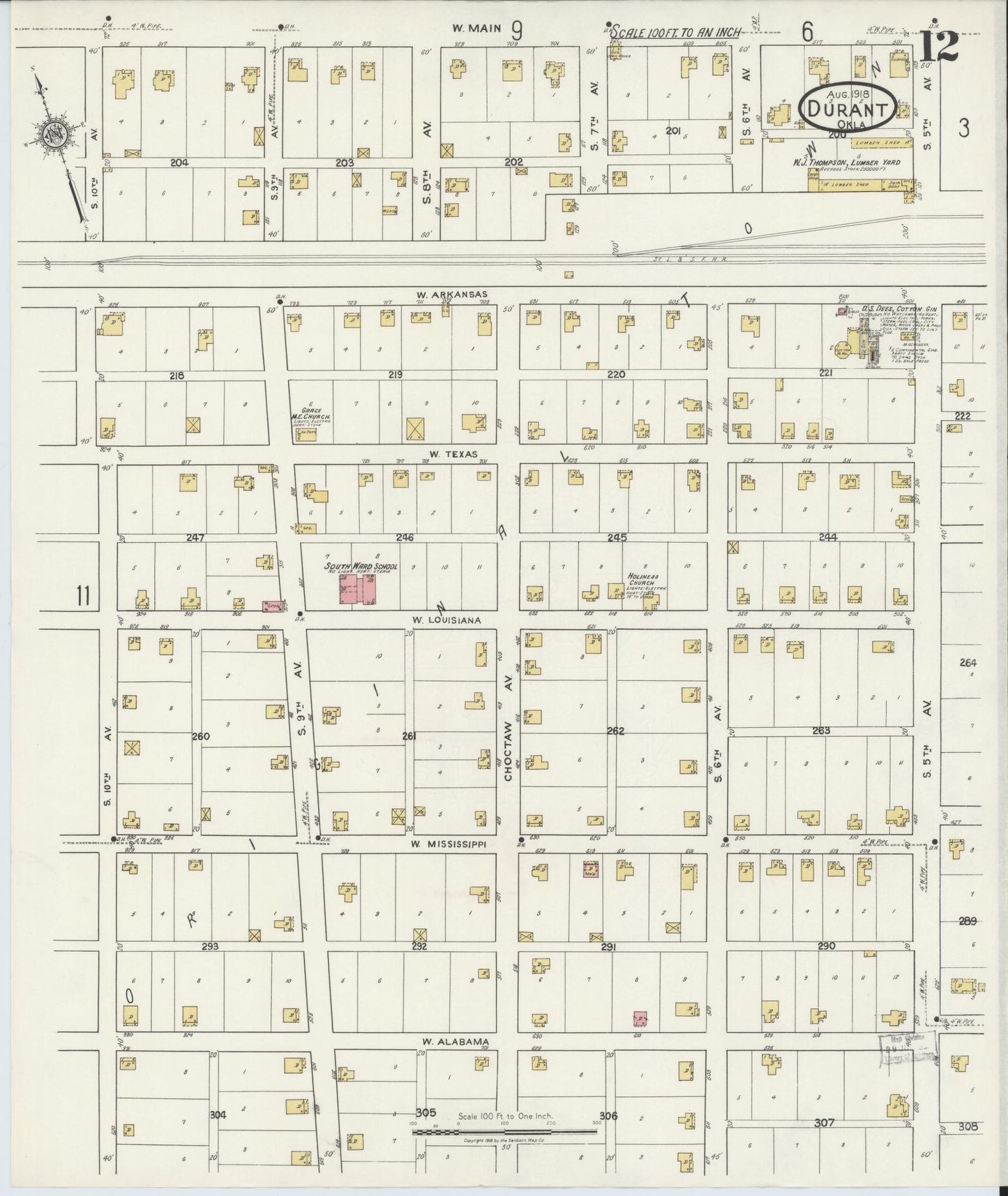 Sanborn Fire Insurance Map from Durant, Bryan County, Oklahoma (1918), Sheet #0012 - Historic Sanborn Fire Insurance Map Print, vintage old map wall art, antique decor, genealogy gift, Oklahoma Oklahoma map