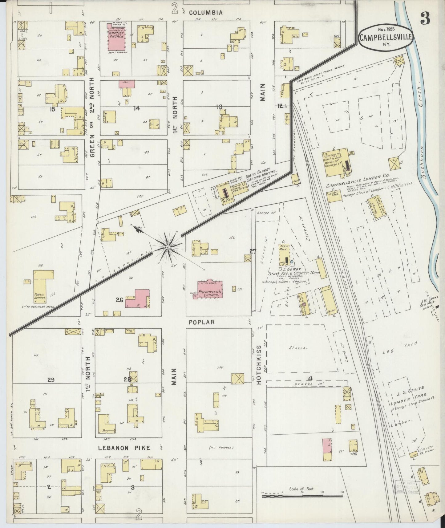 Sanborn Fire Insurance Map from Campbellsville, Taylor County, Kentucky (1895), Sheet #0003 - Complete Map Set gallery image, historic Sanborn map, vintage wall art, Kentucky Kentucky