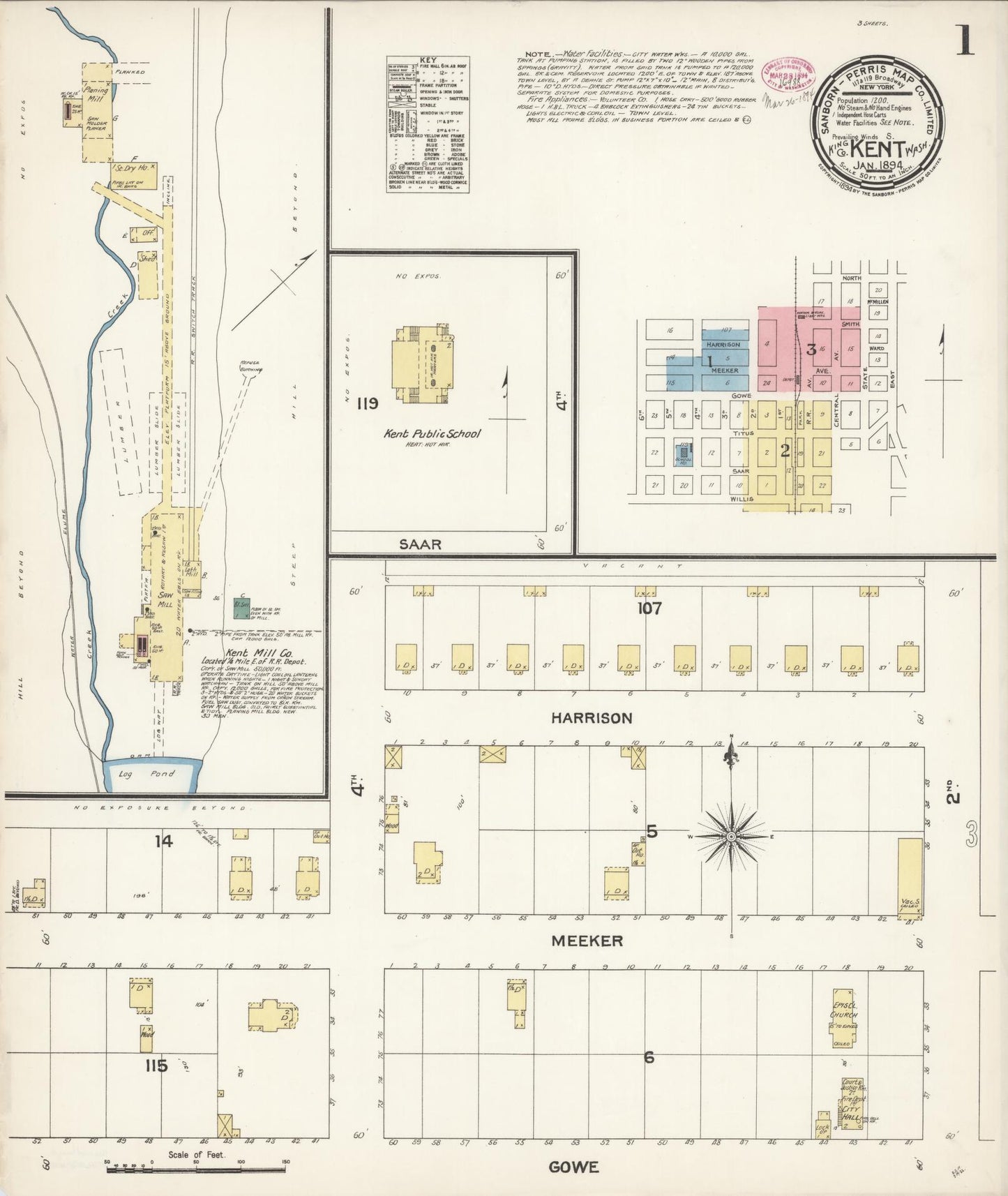 Sanborn Fire Insurance Map from Kent, King County, Washington (1894), Sheet #0001 - Historic Sanborn Fire Insurance Map Print, vintage old map wall art, antique decor, genealogy gift, Washington Washington map