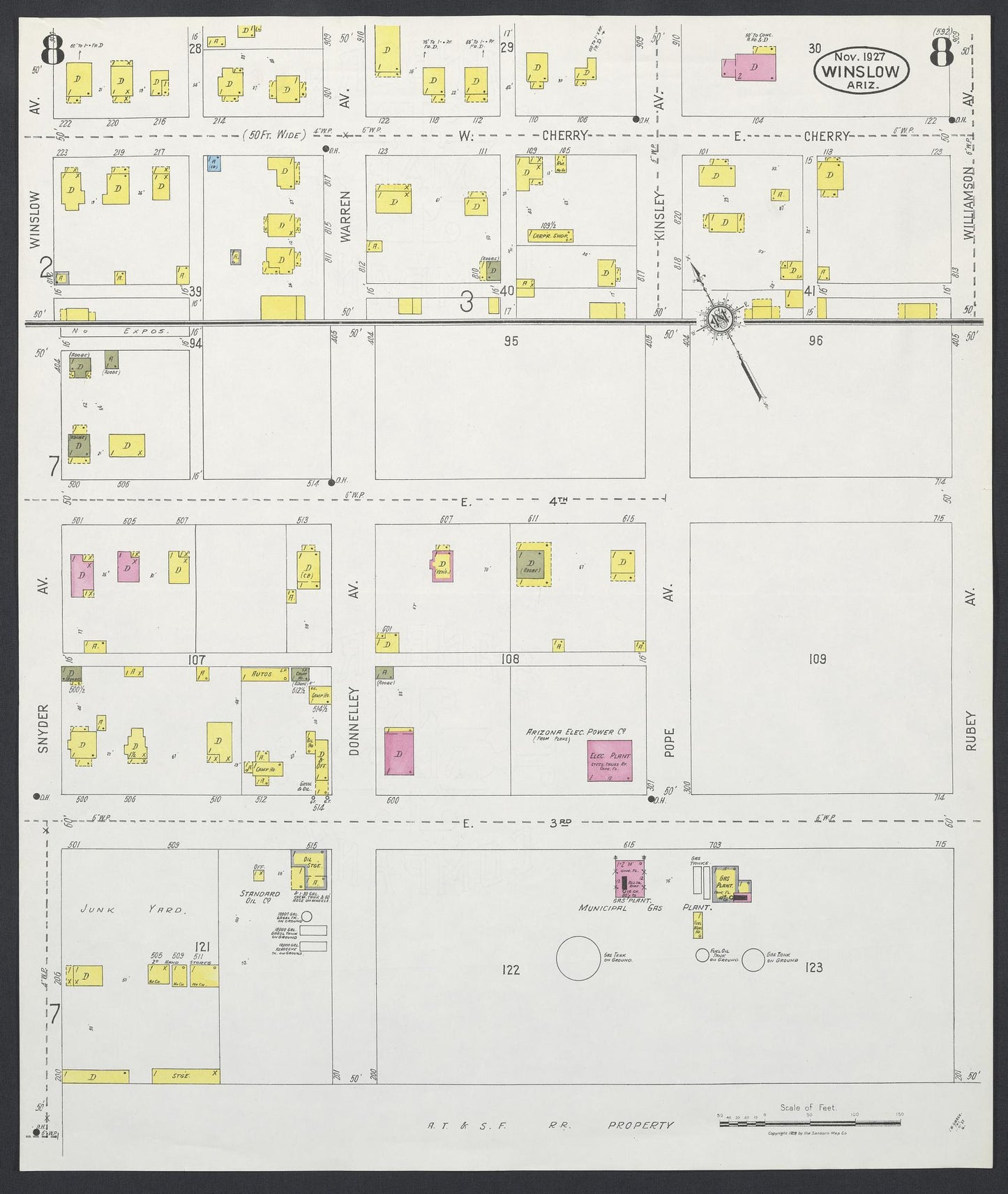 Sanborn Fire Insurance Map from Winslow, Navajo County, Arizona (1927), Sheet #0008 - Historic Sanborn Fire Insurance Map Print, vintage old map wall art, antique decor, genealogy gift, Arizona Arizona map