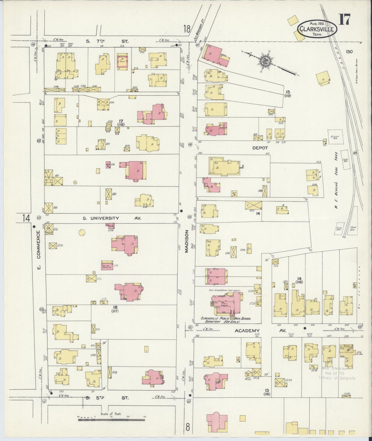 Sanborn Fire Insurance Map from Clarksville, Montgomery County, Tennessee (1913), Sheet #0017 - Historic Sanborn Fire Insurance Map Print, vintage old map wall art, antique decor, genealogy gift, Tennessee Tennessee map