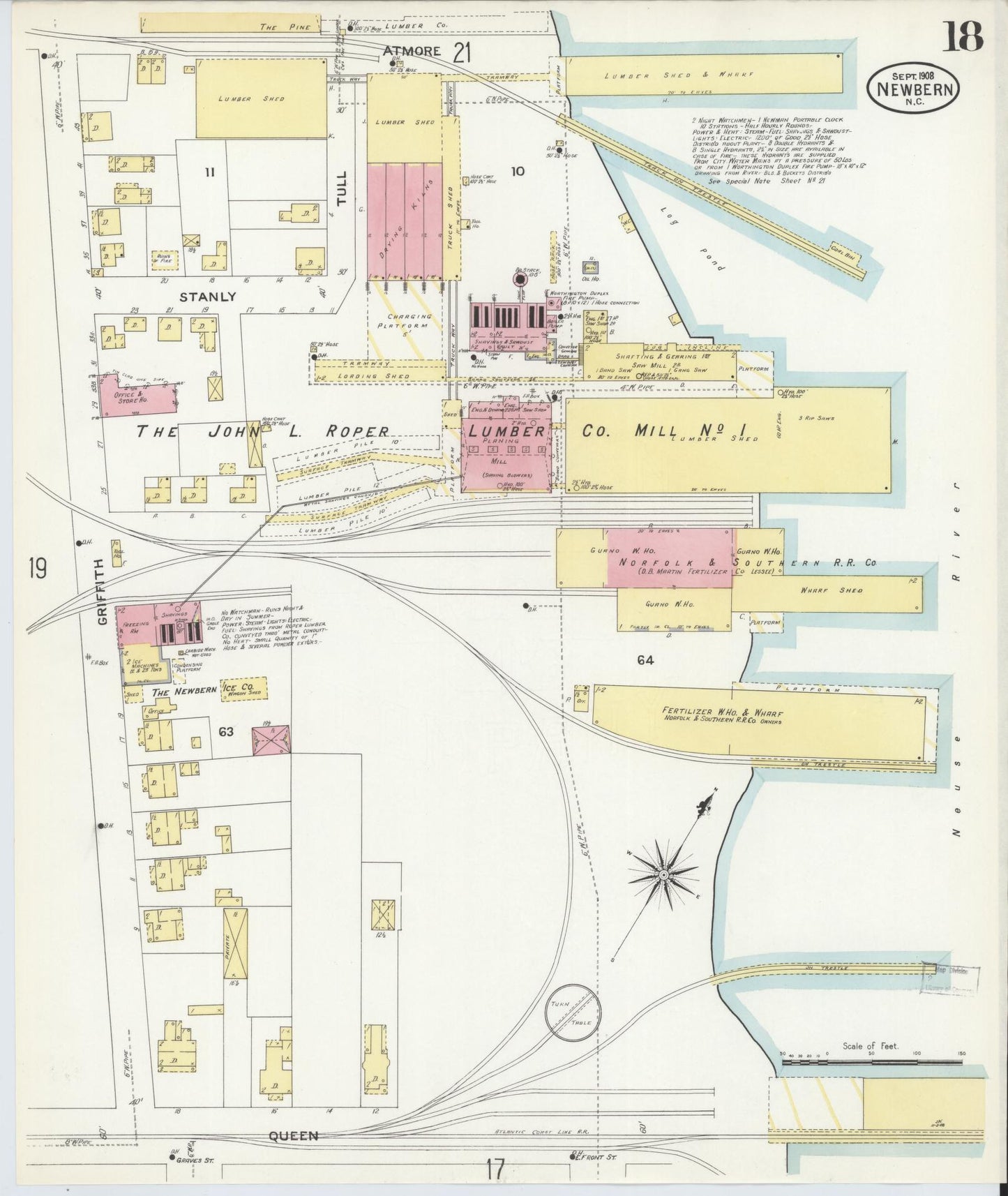 Sanborn Fire Insurance Map from New Bern, Craven County, North Carolina (1908), Sheet #0018 - Historic Sanborn Fire Insurance Map Print, vintage old map wall art, antique decor, genealogy gift, North Carolina North Carolina map