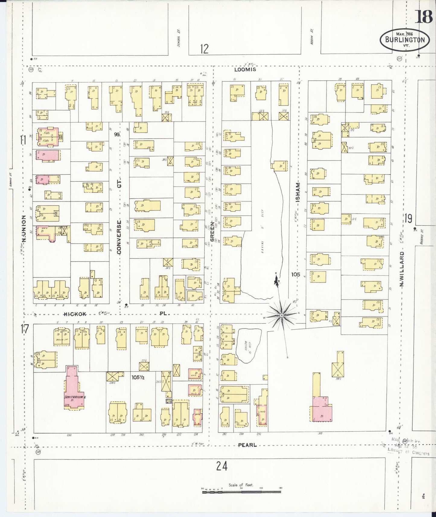 Sanborn Fire Insurance Map from Burlington, Chittenden County, Vermont (1906), Sheet #0018 - Historic Sanborn Fire Insurance Map Print, vintage old map wall art, antique decor, genealogy gift, Vermont Vermont map