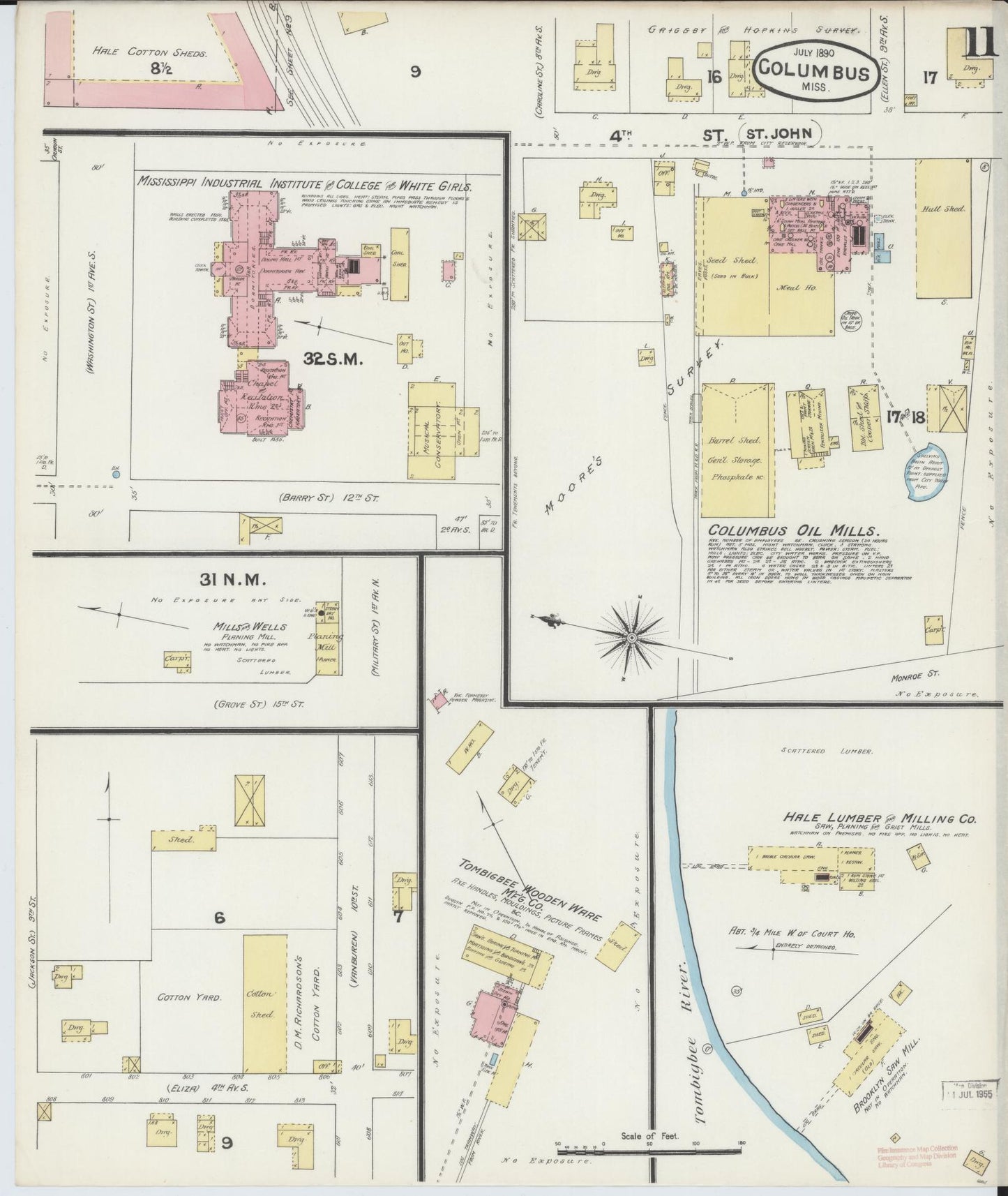 Sanborn Fire Insurance Map from Columbus, Lowndes County, Mississippi (1890), Sheet #0011 - Historic Sanborn Fire Insurance Map Print, vintage old map wall art, antique decor, genealogy gift, Mississippi Mississippi map