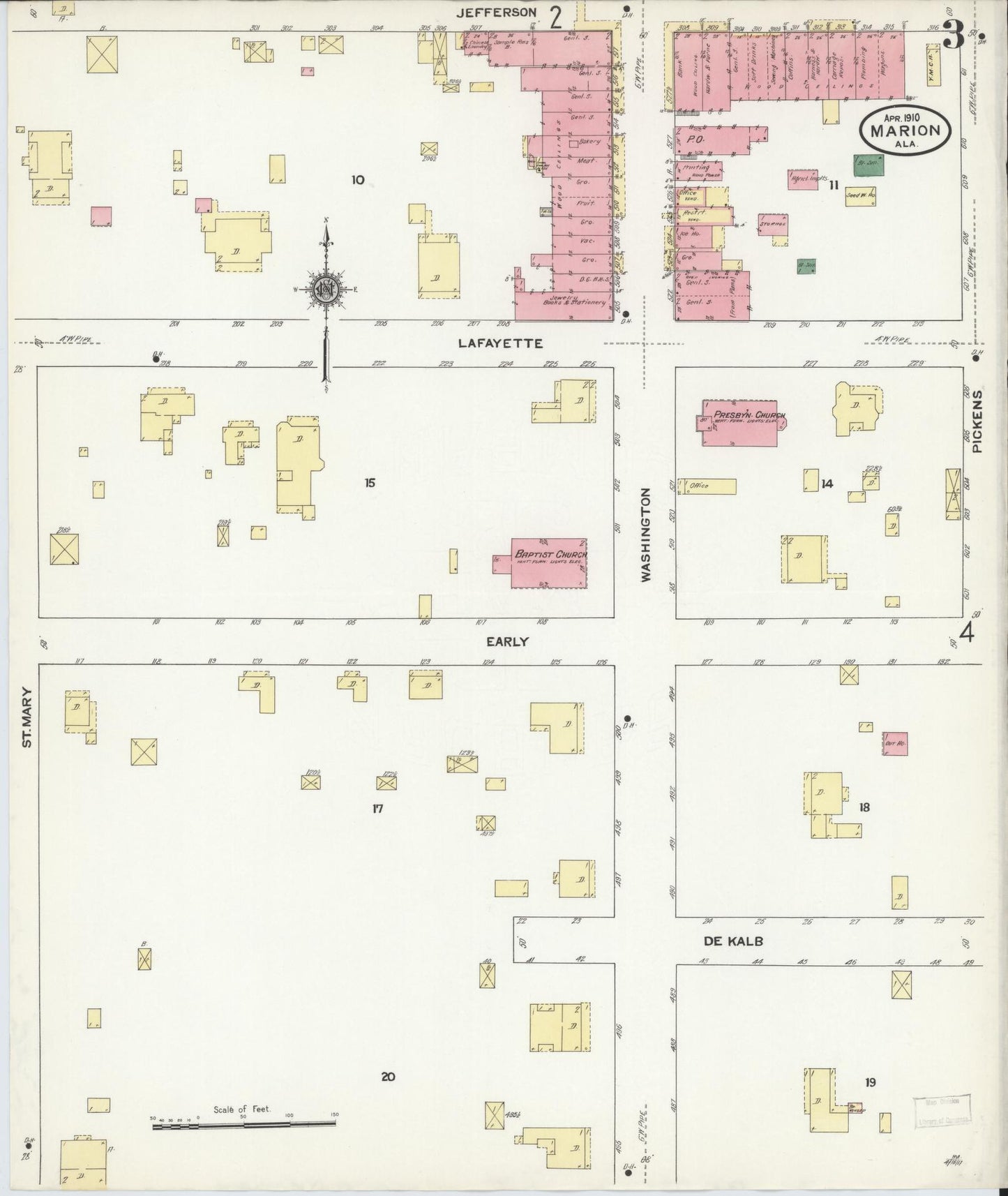 Sanborn Fire Insurance Map from Marion, Perry County, Alabama (1910), Sheet #0003 - Historic Sanborn Fire Insurance Map Print, vintage old map wall art, antique decor, genealogy gift, Alabama Alabama map