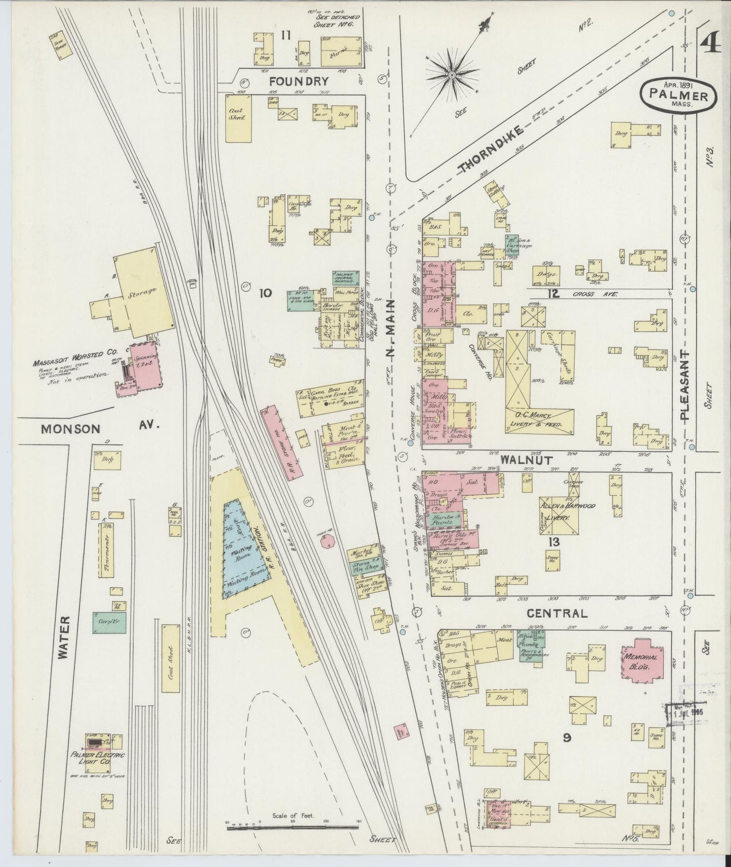 Sanborn Fire Insurance Map from Palmer, Hampden County, Massachusetts (1891), Sheet #0004 - Historic Sanborn Fire Insurance Map Print, vintage old map wall art, antique decor, genealogy gift, Massachusetts Massachusetts map