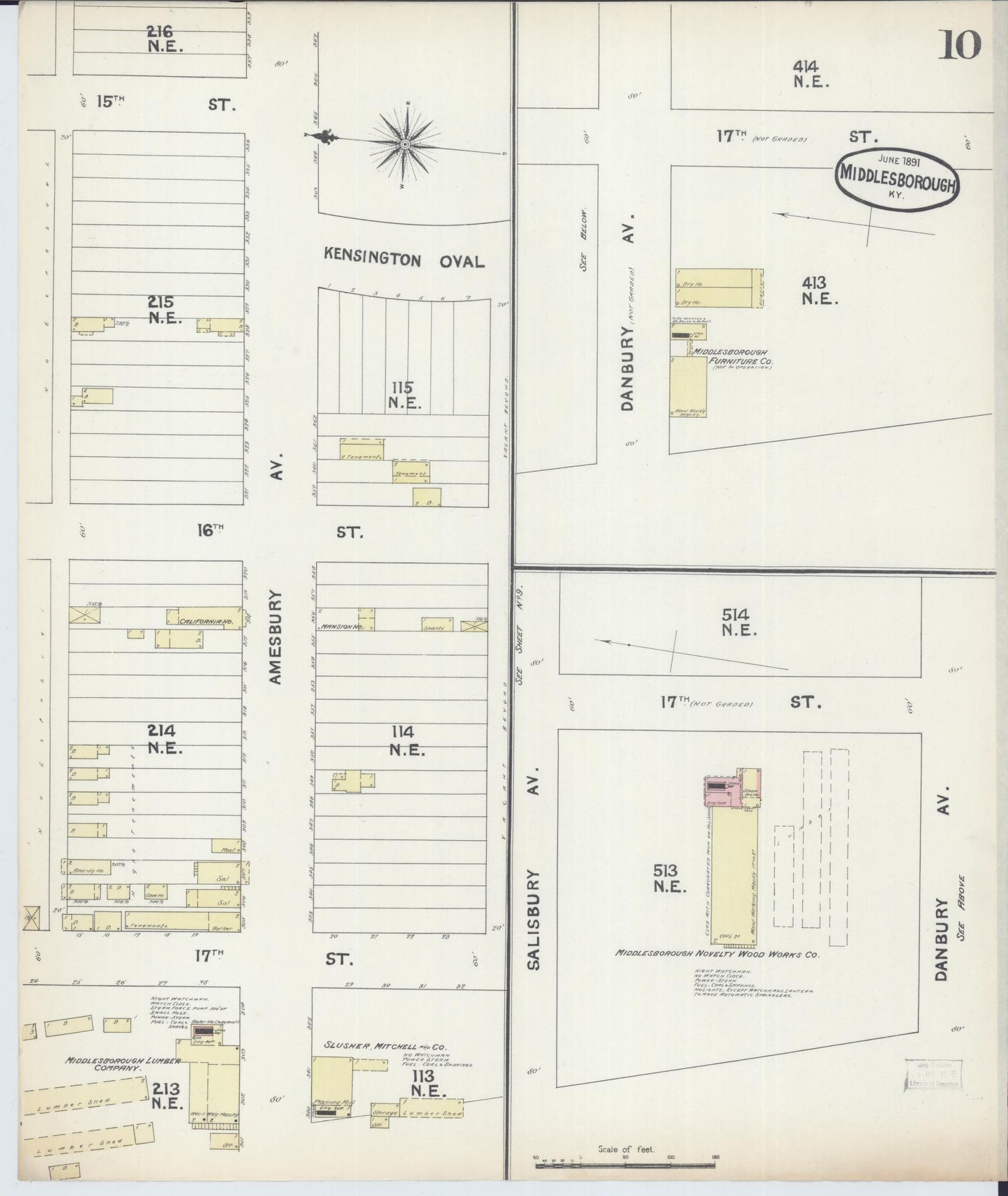 Sanborn Fire Insurance Map from Middlesboro, Bell County, Kentucky (1891), Sheet #0010 - Historic Sanborn Fire Insurance Map Print, vintage old map wall art, antique decor, genealogy gift, Kentucky Kentucky map