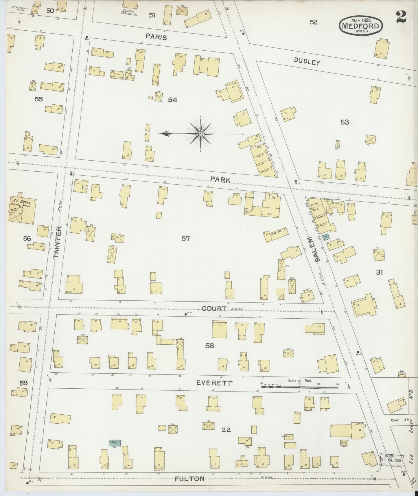 Sanborn Fire Insurance Map from Medford, Middlesex County, Massachusetts (1892), Sheet #0002 - Historic Sanborn Fire Insurance Map Print, vintage old map wall art, antique decor, genealogy gift, Massachusetts Massachusetts map