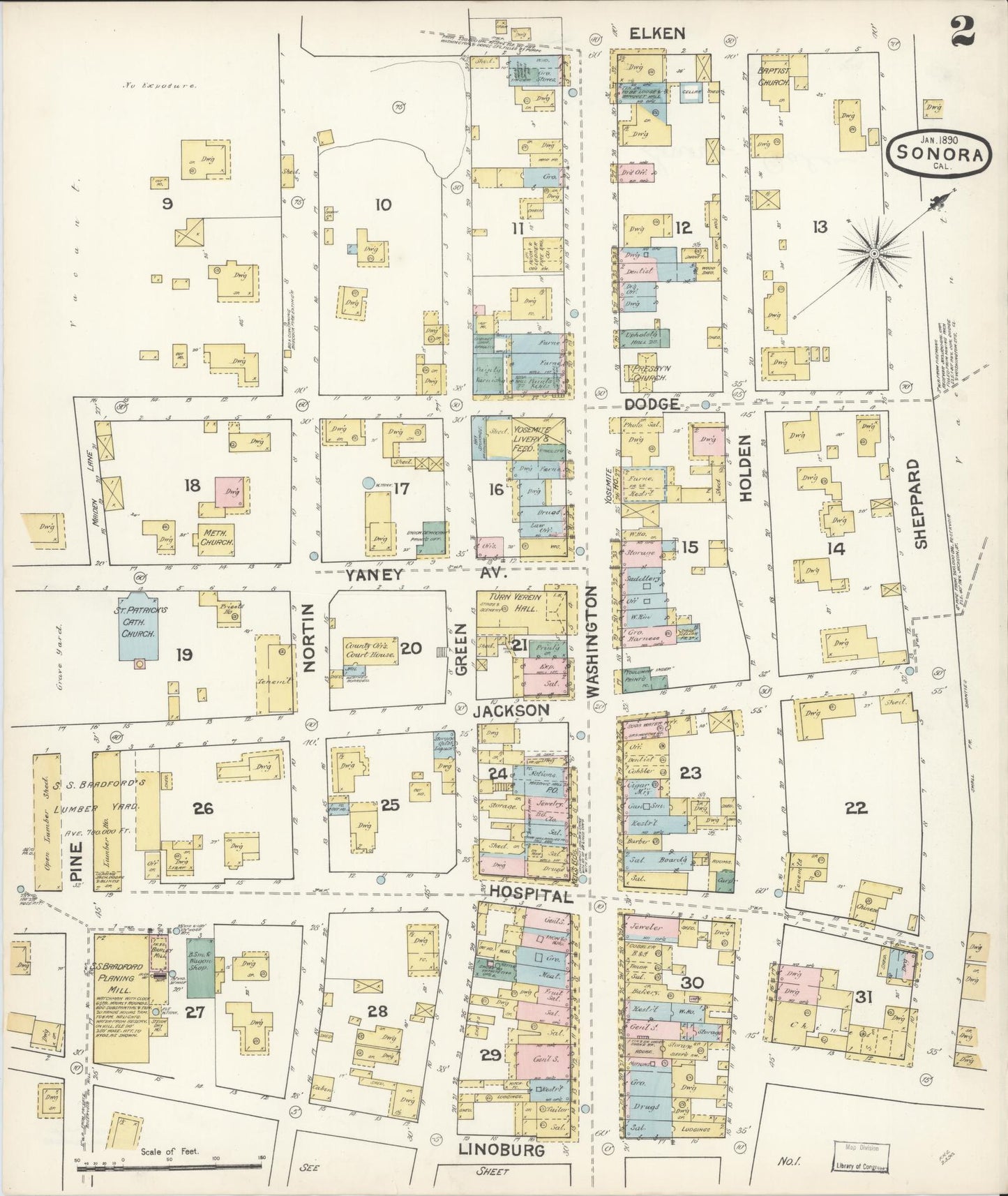 Sanborn Fire Insurance Map from Sonora, Tuolumne County, California (1890), Sheet #0002 - Complete Map Set gallery image, historic Sanborn map, vintage wall art, California California