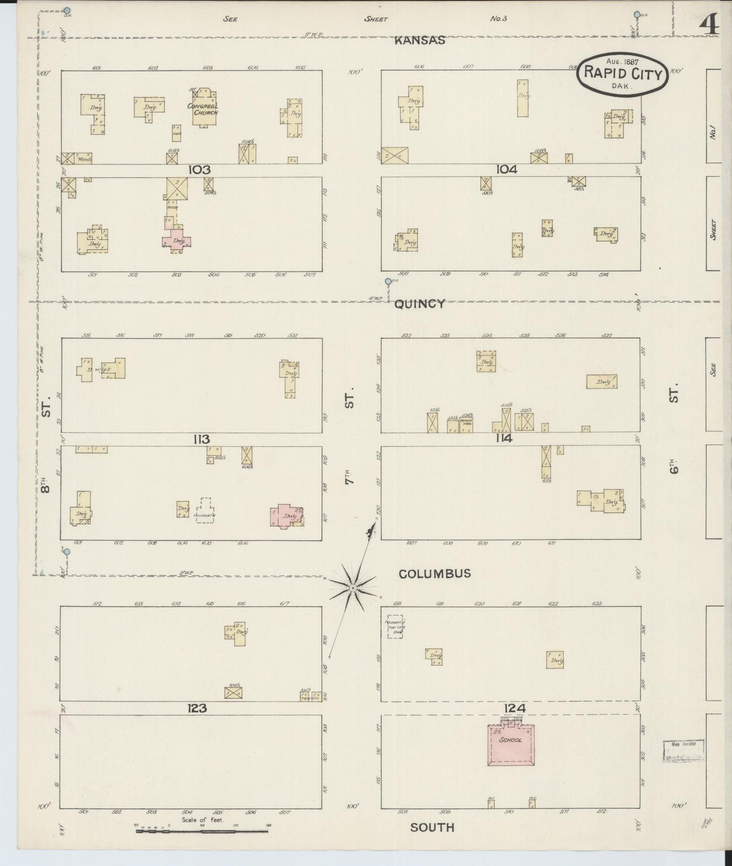 Sanborn Fire Insurance Map from Rapid City, Pennington County, South Dakota (1887), Sheet #0004 - Historic Sanborn Fire Insurance Map Print, vintage old map wall art, antique decor, genealogy gift, South Dakota South Dakota map