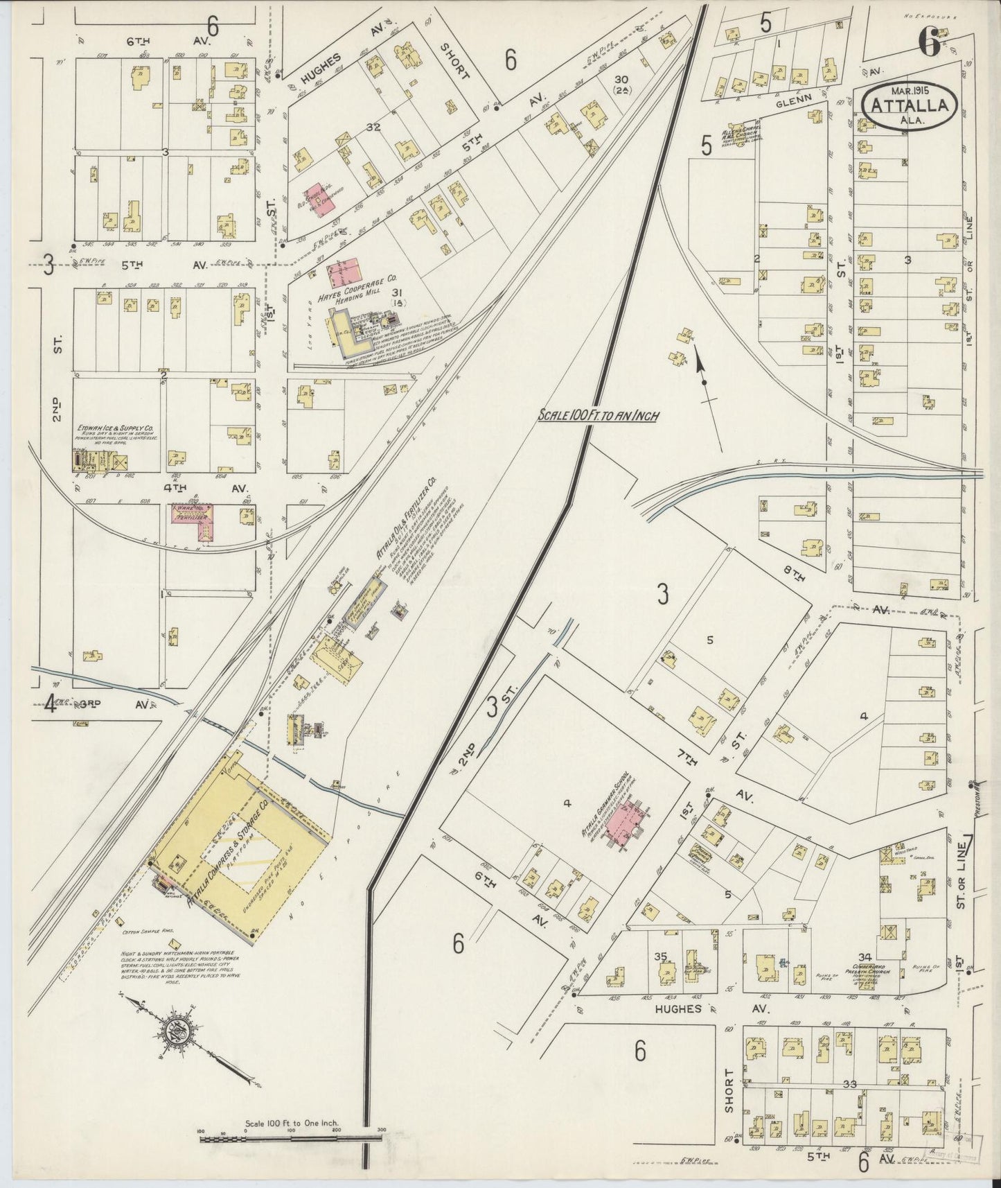 Sanborn Fire Insurance Map from Attalla, Etowah County, Alabama (1915), Sheet #0006 - Historic Sanborn Fire Insurance Map Print, vintage old map wall art, antique decor, genealogy gift, Alabama Alabama map