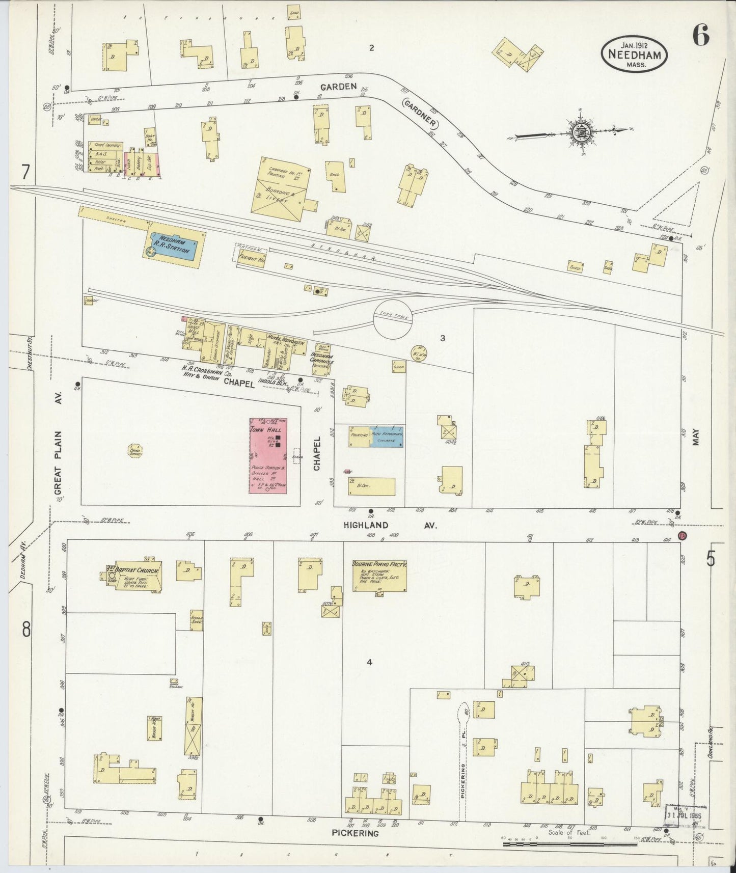 Sanborn Fire Insurance Map from Needham, Norfolk County, Massachusetts (1912), Sheet #0006 - Historic Sanborn Fire Insurance Map Print, vintage old map wall art, antique decor, genealogy gift, Massachusetts Massachusetts map