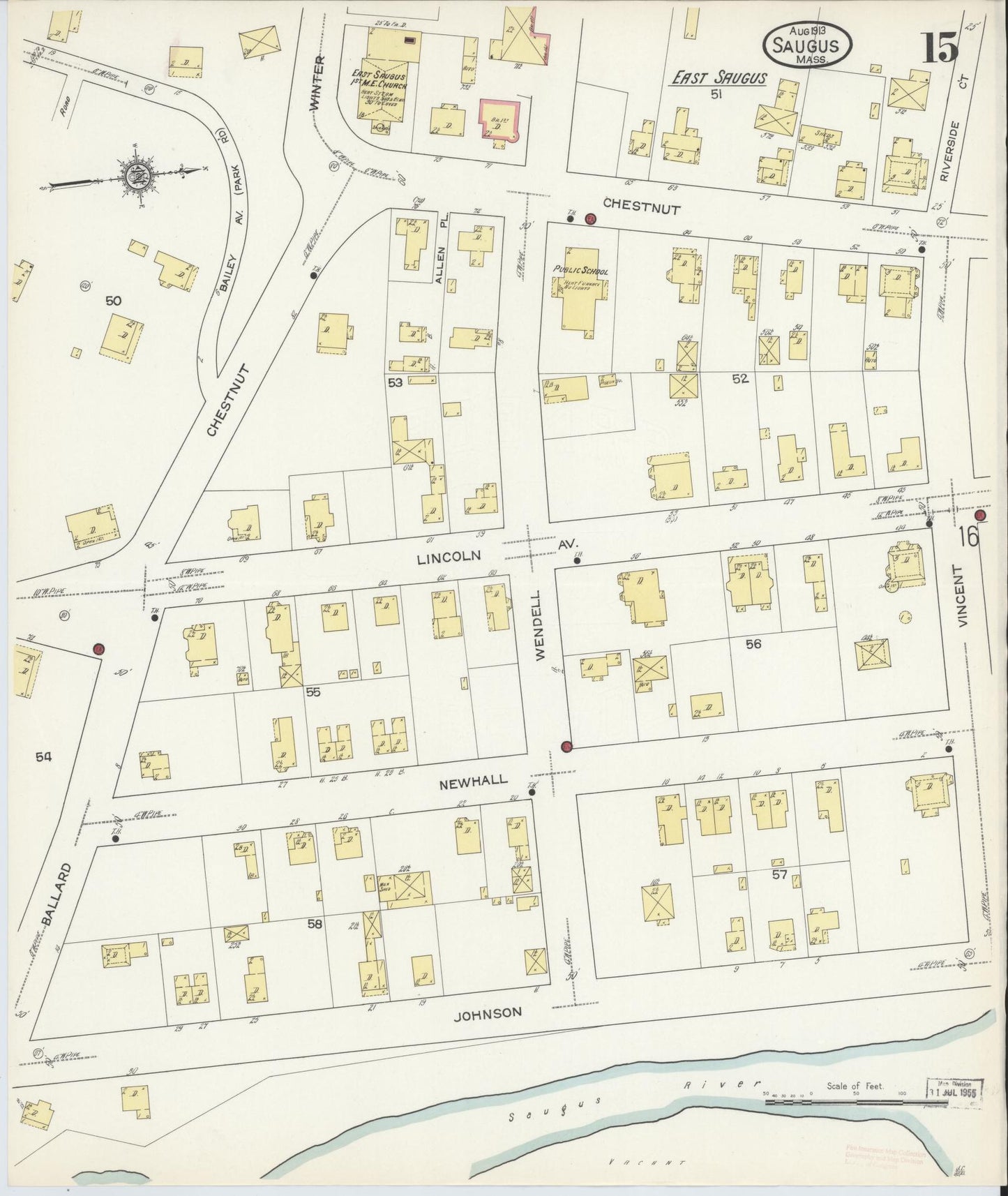 Sanborn Fire Insurance Map from Saugus, Essex County, Massachusetts (1913), Sheet #0015 - Historic Sanborn Fire Insurance Map Print, vintage old map wall art, antique decor, genealogy gift, Massachusetts Massachusetts map