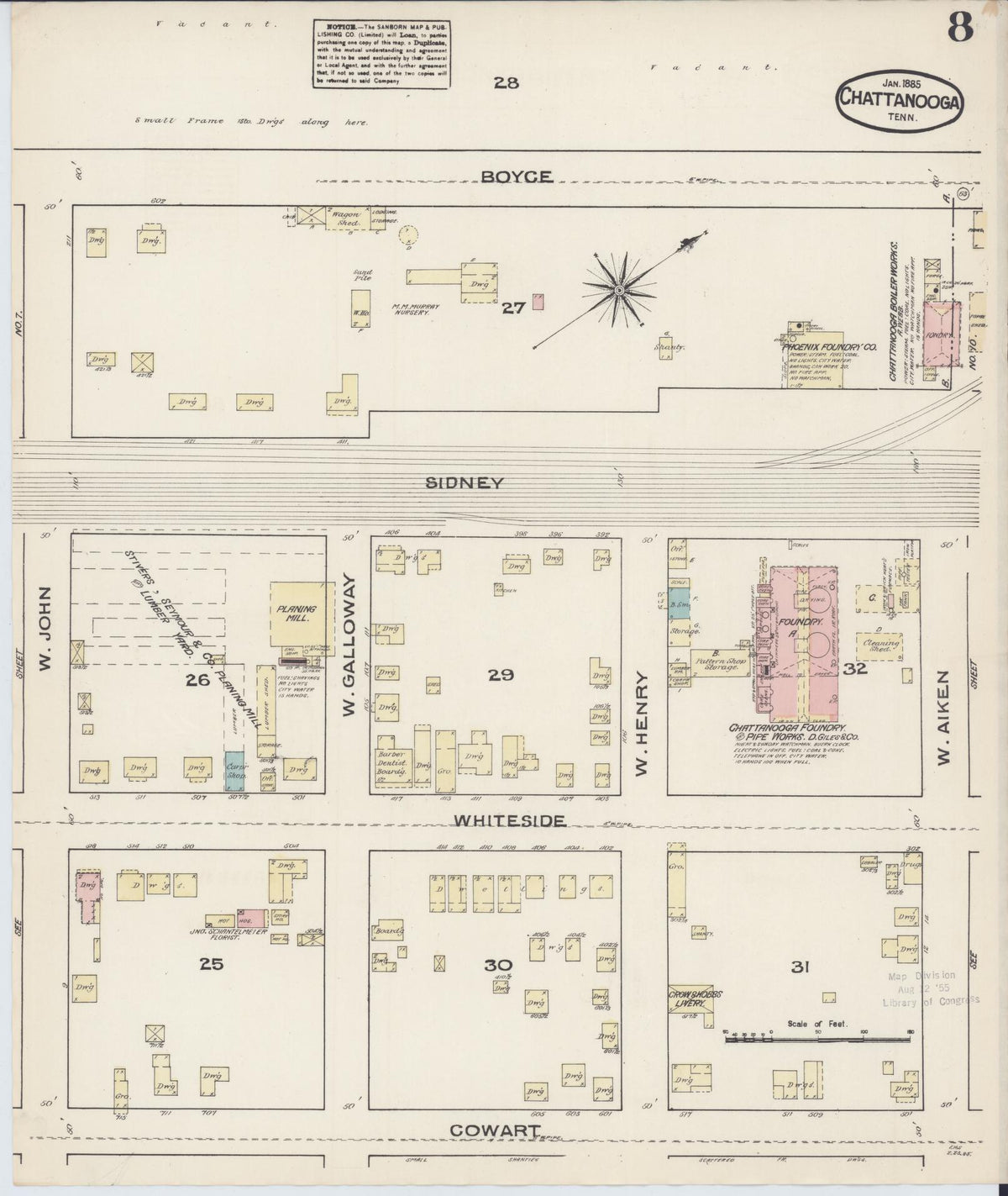 Sanborn Fire Insurance Map from Chattanooga, Hamilton County, Tennessee (1885), Sheet #0008 - Historic Sanborn Fire Insurance Map Print, vintage old map wall art, antique decor, genealogy gift, Tennessee Tennessee map