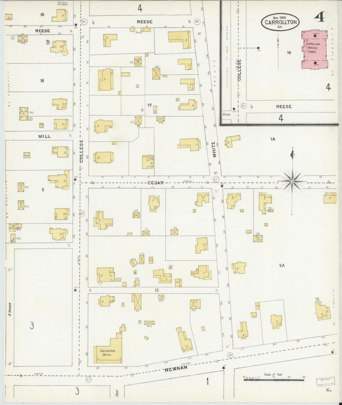 Sanborn Fire Insurance Map from Carrollton, Carroll County, Georgia (1905), Sheet #0004 - Historic Sanborn Fire Insurance Map Print, vintage old map wall art, antique decor, genealogy gift, Georgia Georgia map