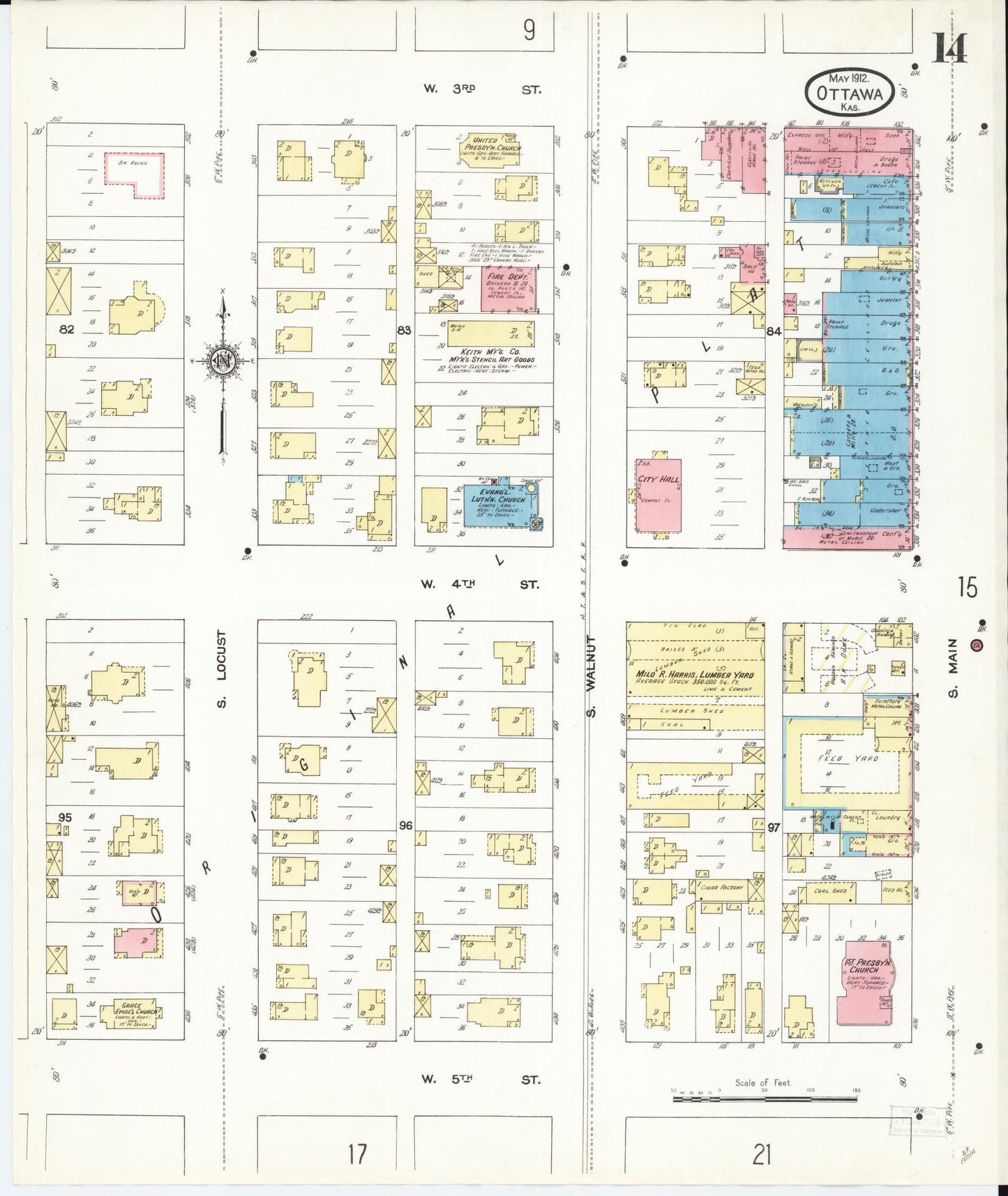Sanborn Fire Insurance Map from Ottawa, Franklin County, Kansas (1912), Sheet #0014 - Historic Sanborn Fire Insurance Map Print, vintage old map wall art, antique decor, genealogy gift, Kansas Kansas map