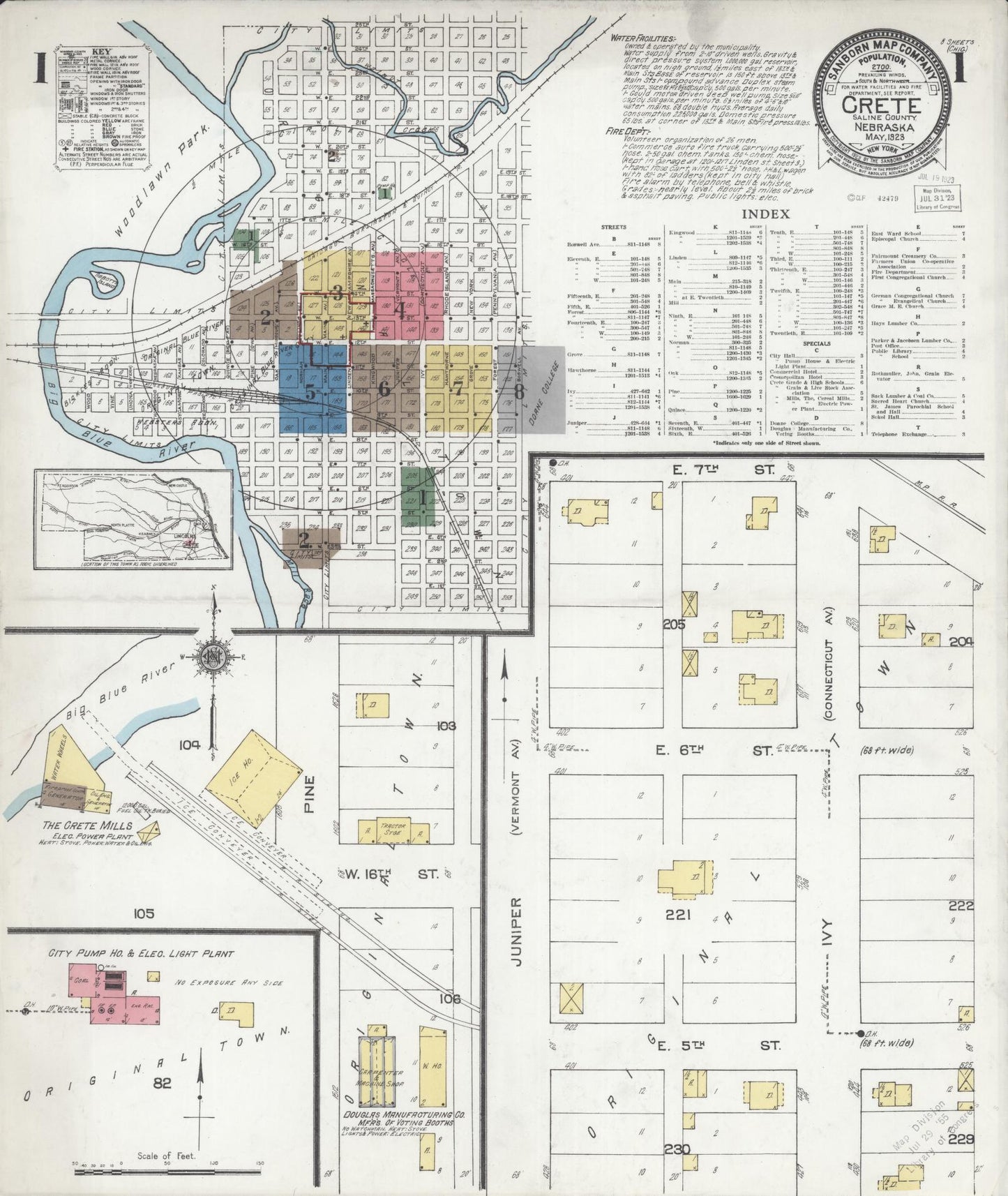 Sanborn Fire Insurance Map from Crete, Saline County, Nebraska (1923), Sheet #0001 - Historic Sanborn Fire Insurance Map Print, vintage old map wall art, antique decor, genealogy gift, Nebraska Nebraska map