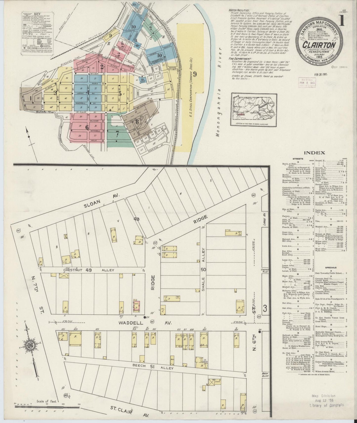 Sanborn Fire Insurance Map from Clairton, Allegheny County, Pennsylvania (1915), Sheet #0001 - Historic Sanborn Fire Insurance Map Print, vintage old map wall art, antique decor, genealogy gift, Pennsylvania Pennsylvania map