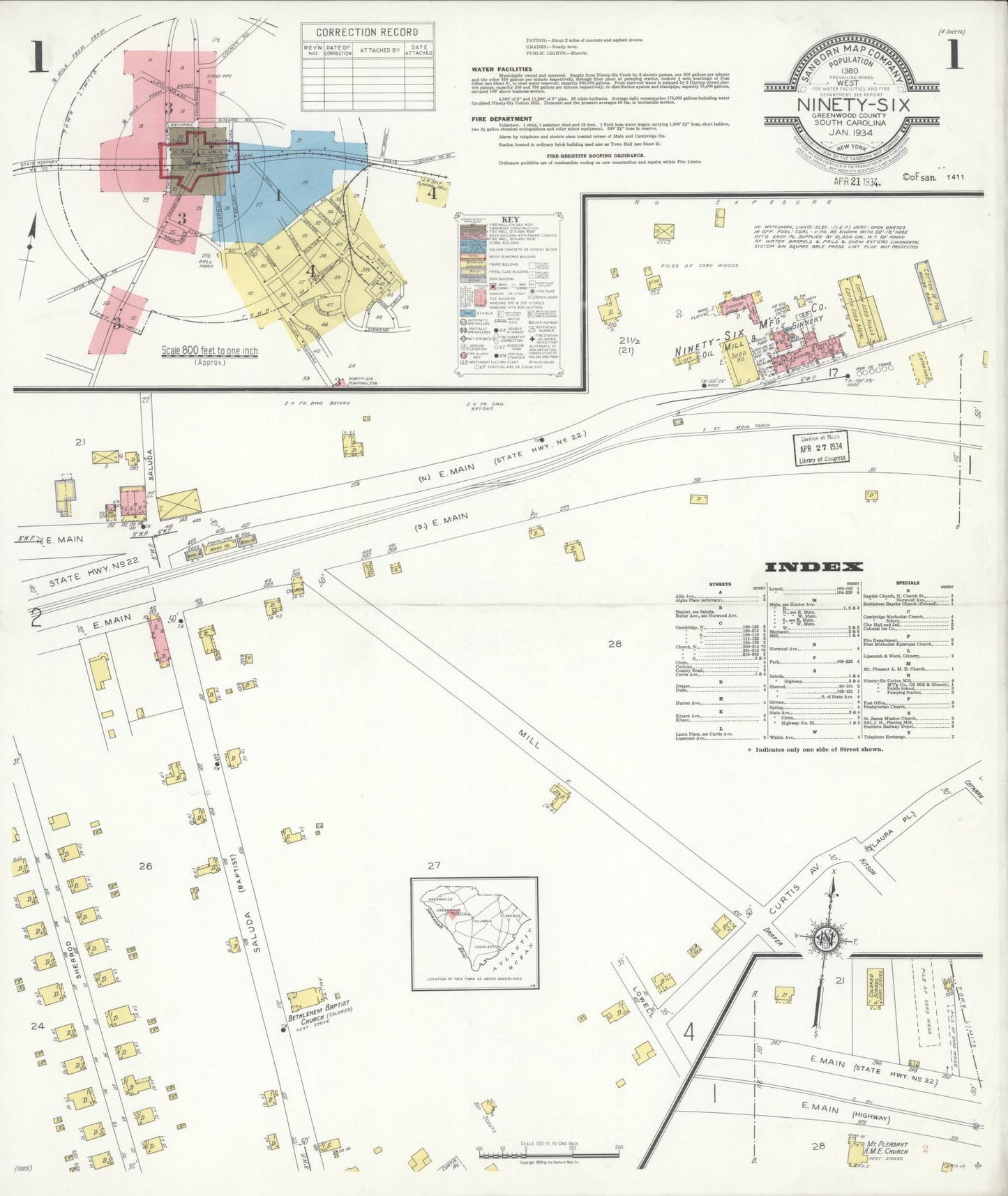 Sanborn Fire Insurance Map from Ninety Six, Greenwood County, South Carolina (1934), Sheet #0001 - Historic Sanborn Fire Insurance Map Print, vintage old map wall art, antique decor, genealogy gift, South Carolina South Carolina map