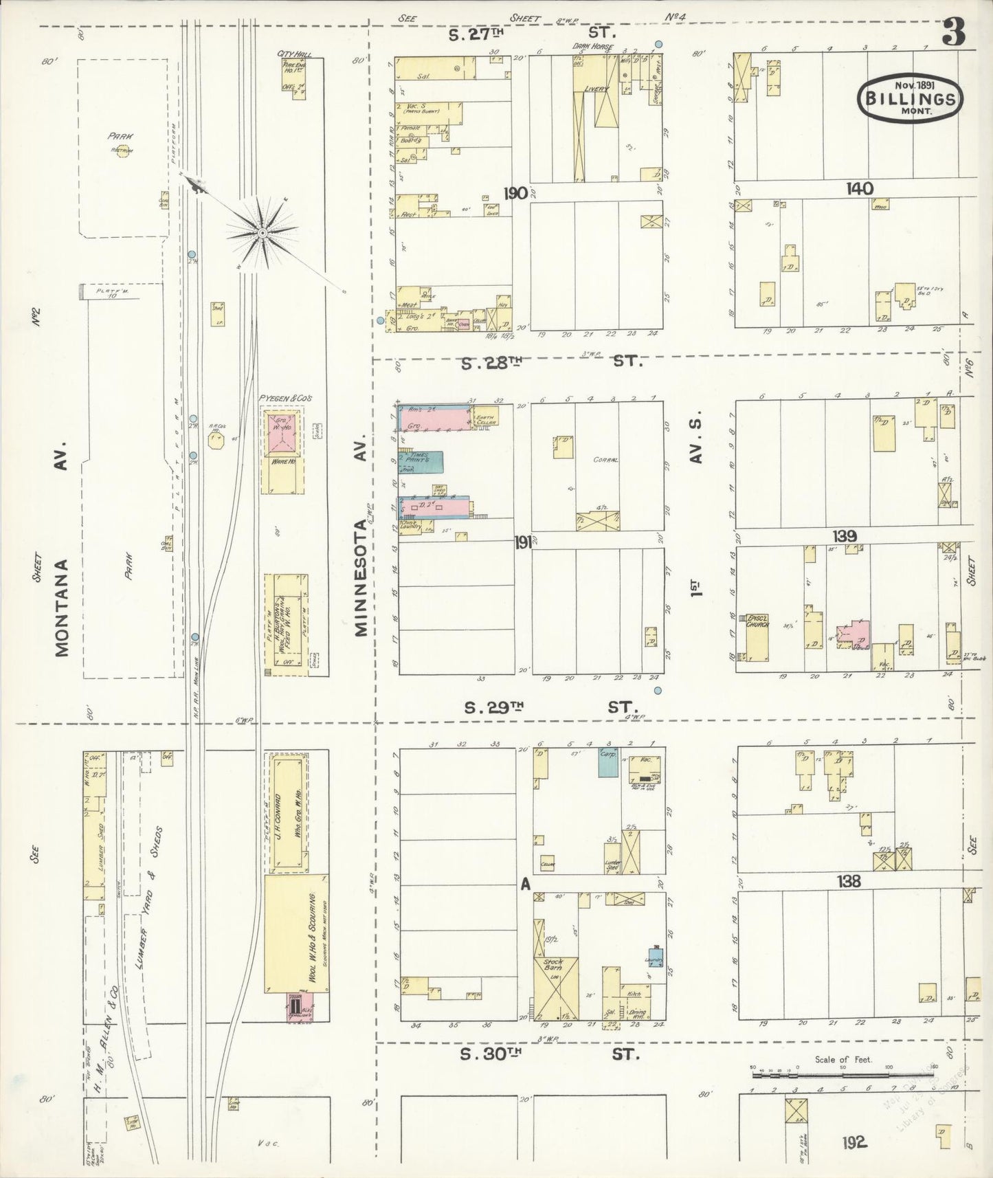 Sanborn Fire Insurance Map from Billings, Yellowstone County, Montana (1891), Sheet #0003 - Historic Sanborn Fire Insurance Map Print, vintage old map wall art, antique decor, genealogy gift, Montana Montana map