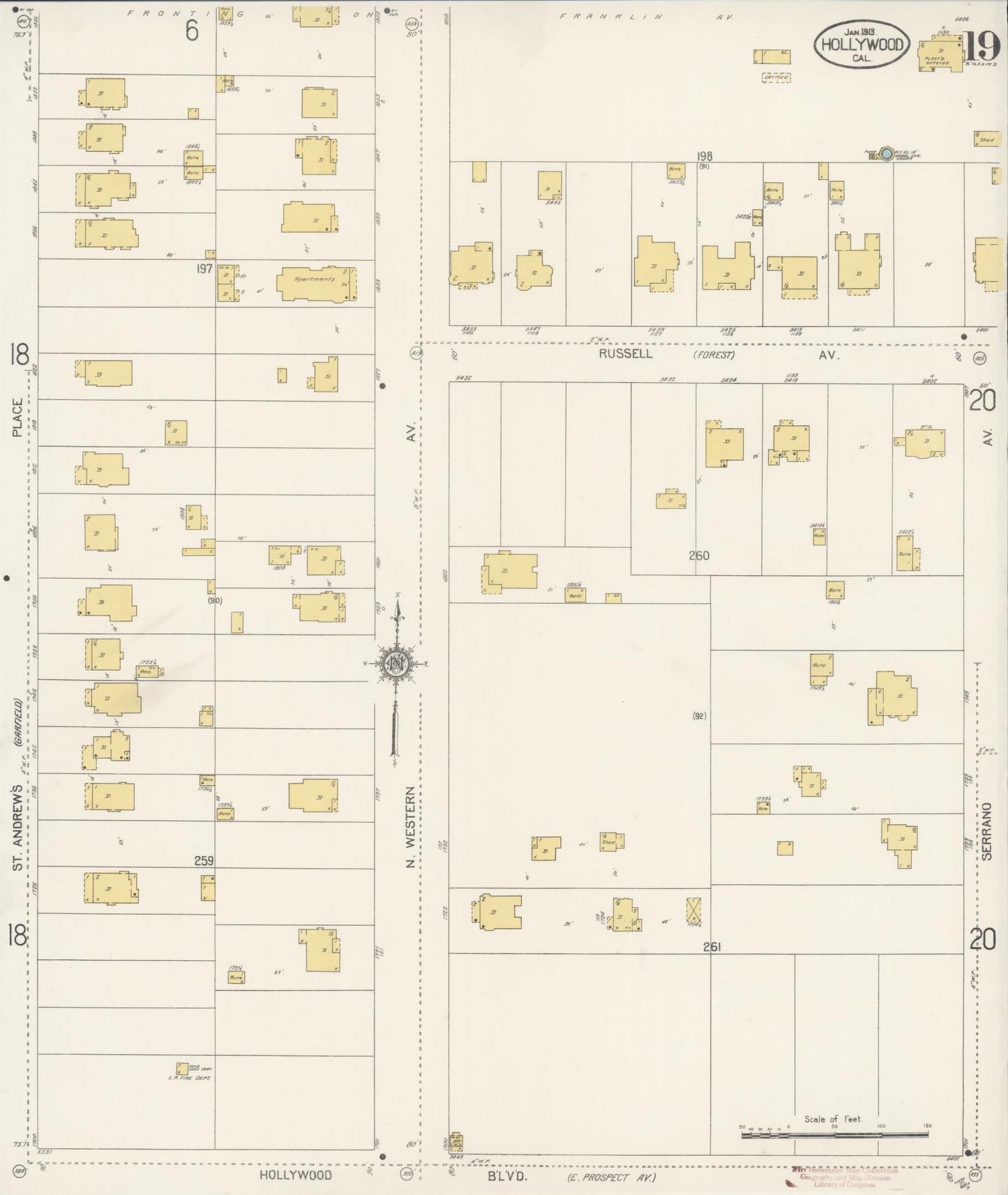 Sanborn Fire Insurance Map from Hollywood, Los Angeles County, California (1913), Sheet #0019 - Historic Sanborn Fire Insurance Map Print, vintage old map wall art, antique decor, genealogy gift, California California map