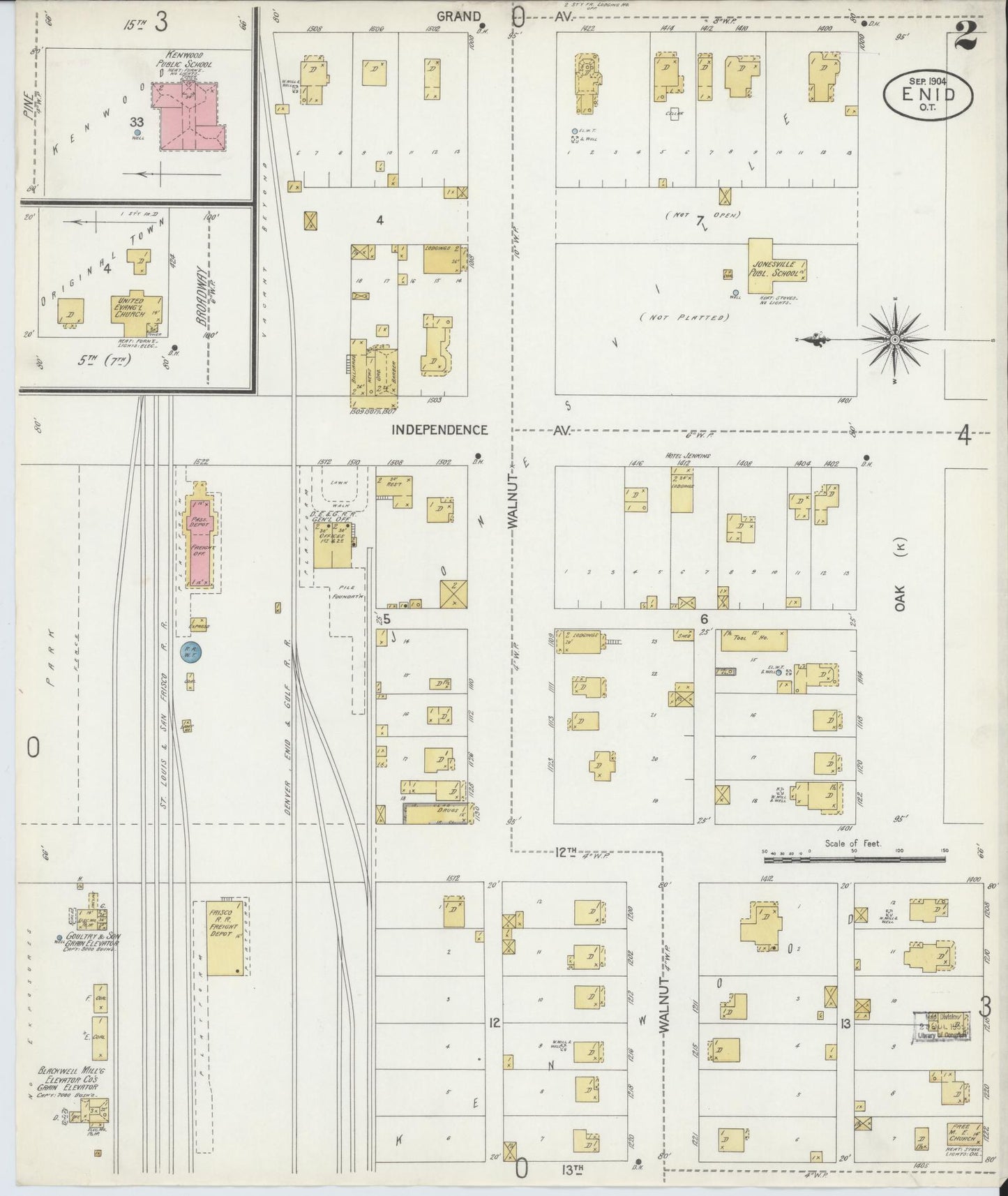 Sanborn Fire Insurance Map from Enid, Garfield County, Oklahoma (1904), Sheet #0002 - Historic Sanborn Fire Insurance Map Print, vintage old map wall art, antique decor, genealogy gift, Oklahoma Oklahoma map