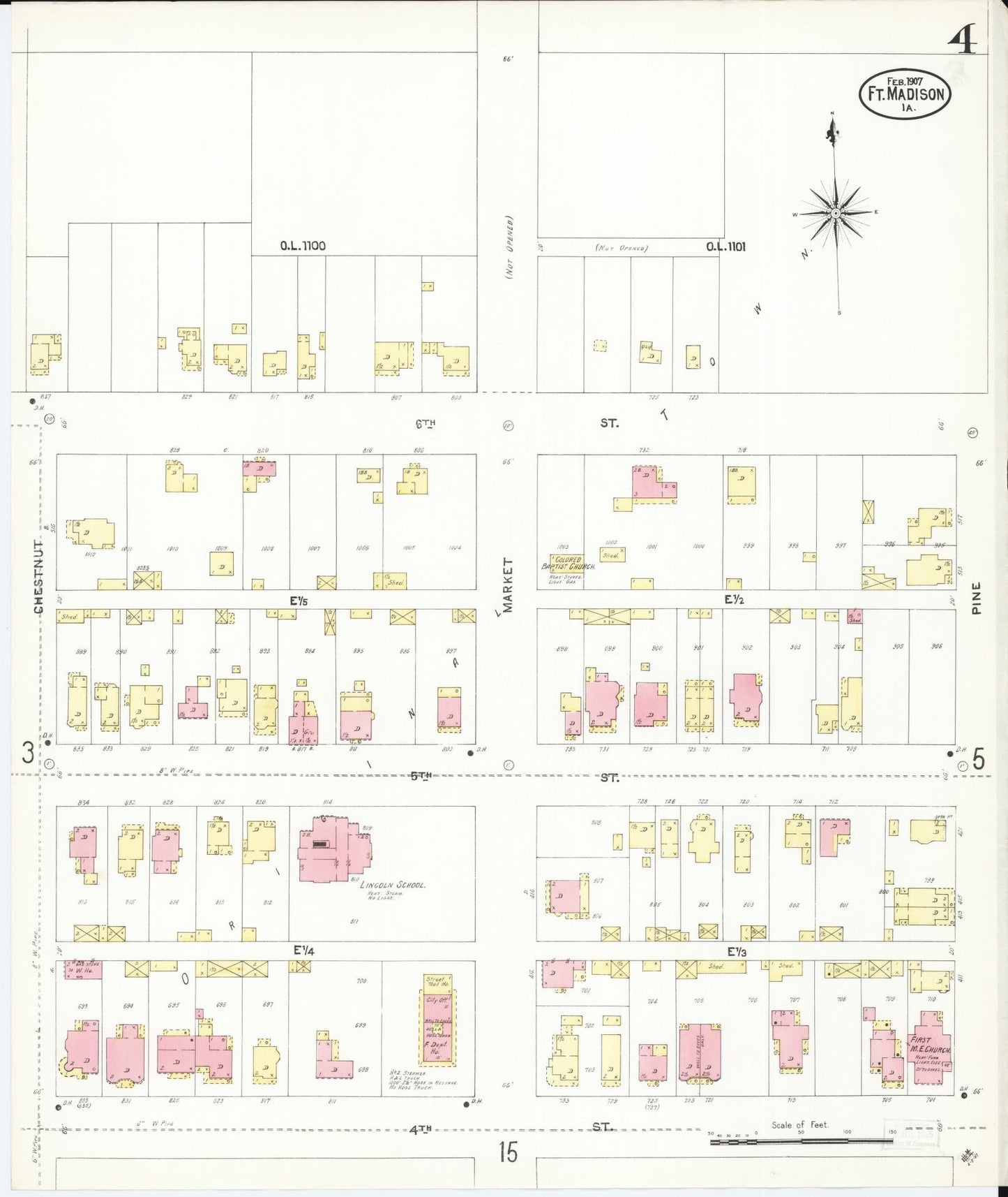 Sanborn Fire Insurance Map from Fort Madison, Lee County, Iowa (1907), Sheet #0004 - Historic Sanborn Fire Insurance Map Print, vintage old map wall art