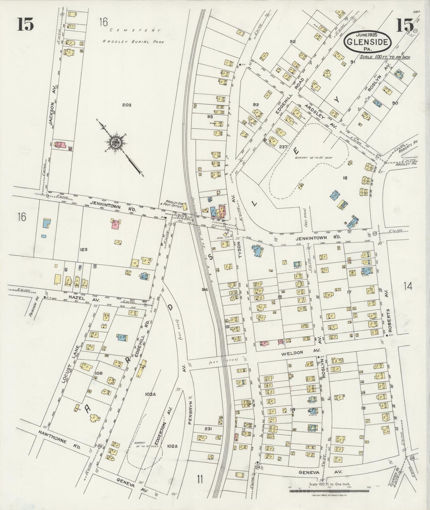 Sanborn Fire Insurance Map from Glenside, Montgomery County, Pennsylvania (1925), Sheet #0015 - Historic Sanborn Fire Insurance Map Print, vintage old map wall art, antique decor, genealogy gift, Pennsylvania Pennsylvania map