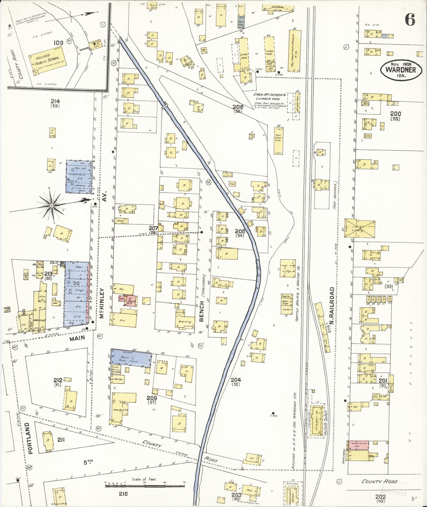 Sanborn Fire Insurance Map from Wardner, Shoshone County, Idaho (1908), Sheet #0006 - Historic Sanborn Fire Insurance Map Print, vintage old map wall art, antique decor, genealogy gift, Idaho Idaho map