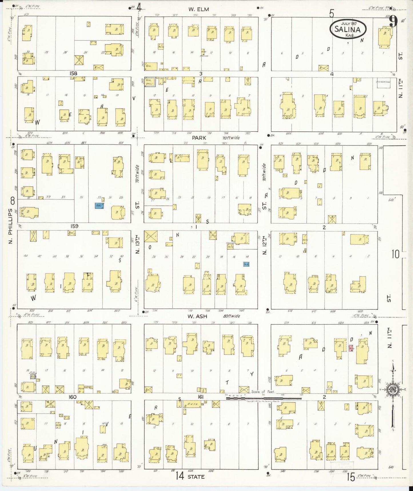 Sanborn Fire Insurance Map from Salina, Saline County, Kansas (1917), Sheet #0009 - Historic Sanborn Fire Insurance Map Print, vintage old map wall art, antique decor, genealogy gift, Kansas Kansas map