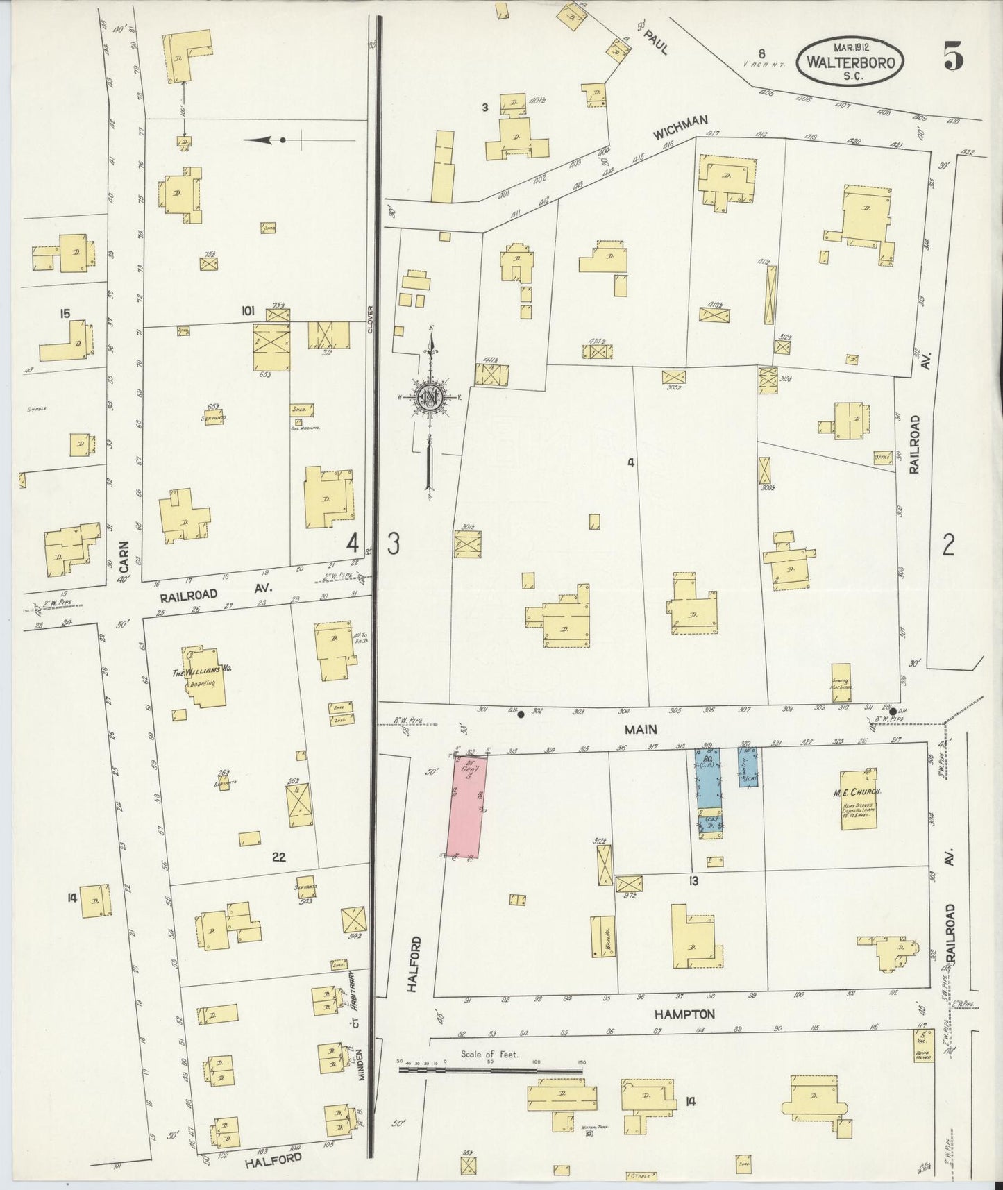 Sanborn Fire Insurance Map from Walterboro, Colleton County, South Carolina (1912), Sheet #0005 - Complete Map Set gallery image, historic Sanborn map, vintage wall art, South Carolina South Carolina