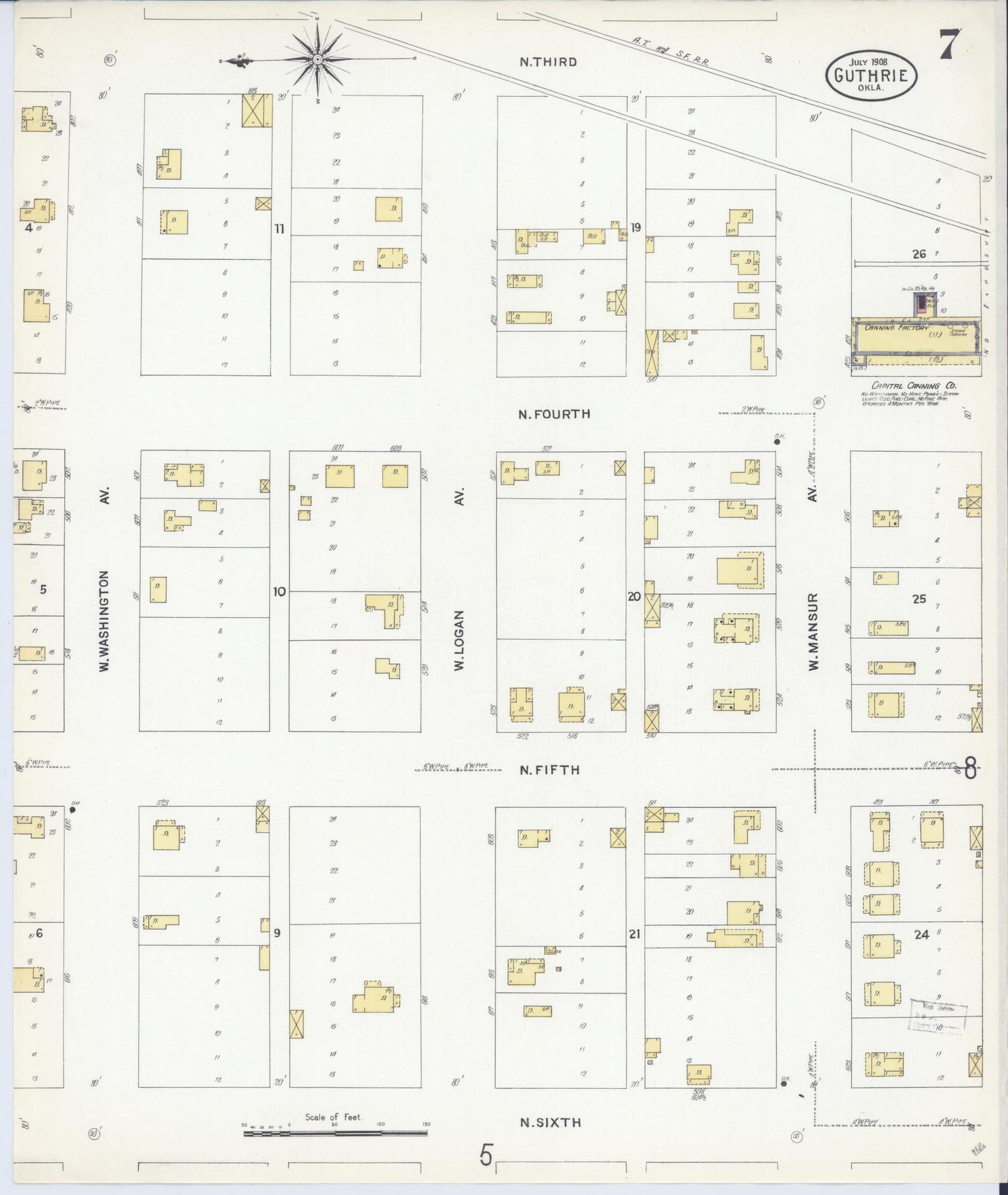 Sanborn Fire Insurance Map from Guthrie, Logan County, Oklahoma (1908), Sheet #0007 - Historic Sanborn Fire Insurance Map Print, vintage old map wall art, antique decor, genealogy gift, Oklahoma Oklahoma map