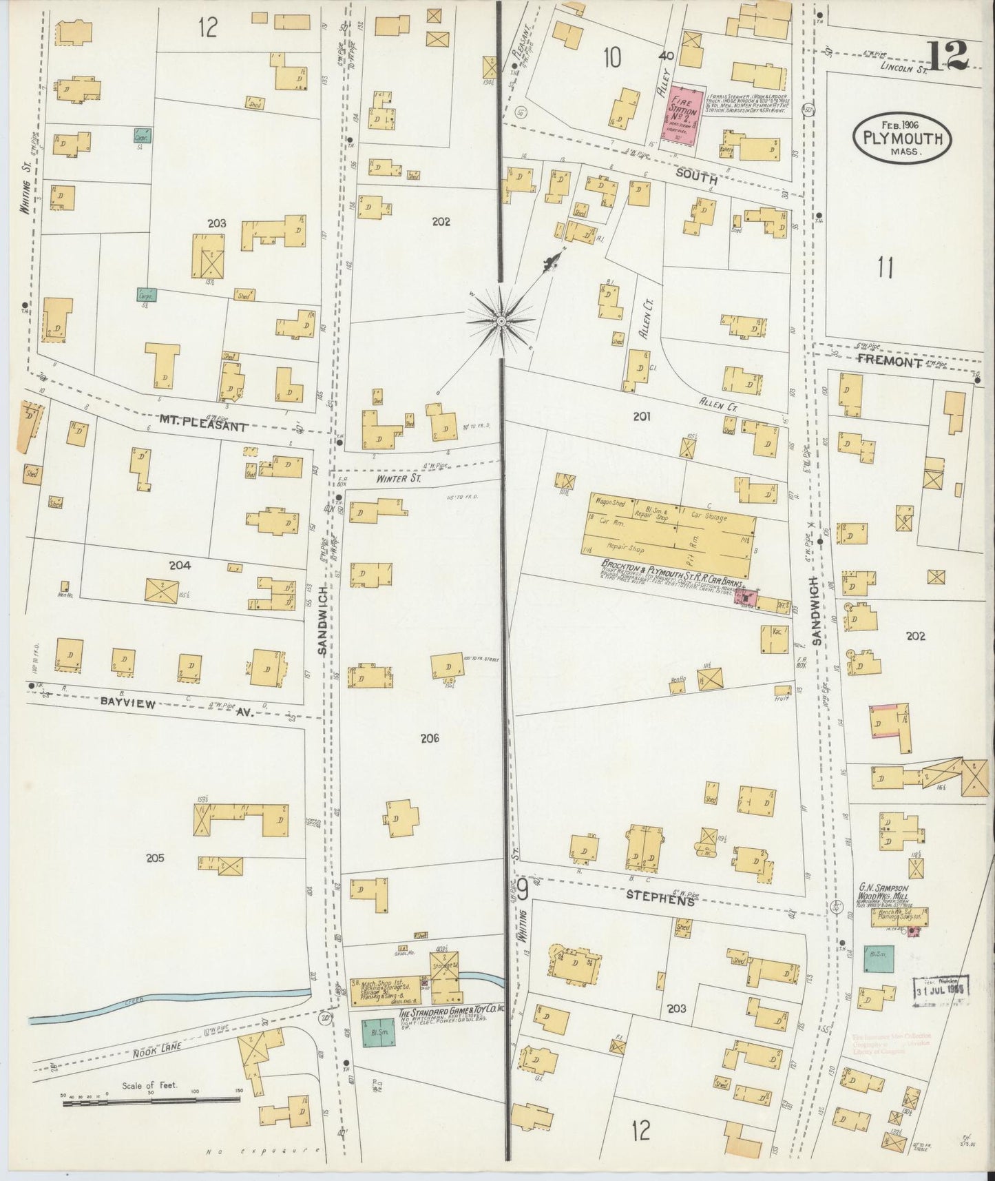 Sanborn Fire Insurance Map from Plymouth, Plymouth County, Massachusetts (1906), Sheet #0012 - Historic Sanborn Fire Insurance Map Print, vintage old map wall art, antique decor, genealogy gift, Massachusetts Massachusetts map