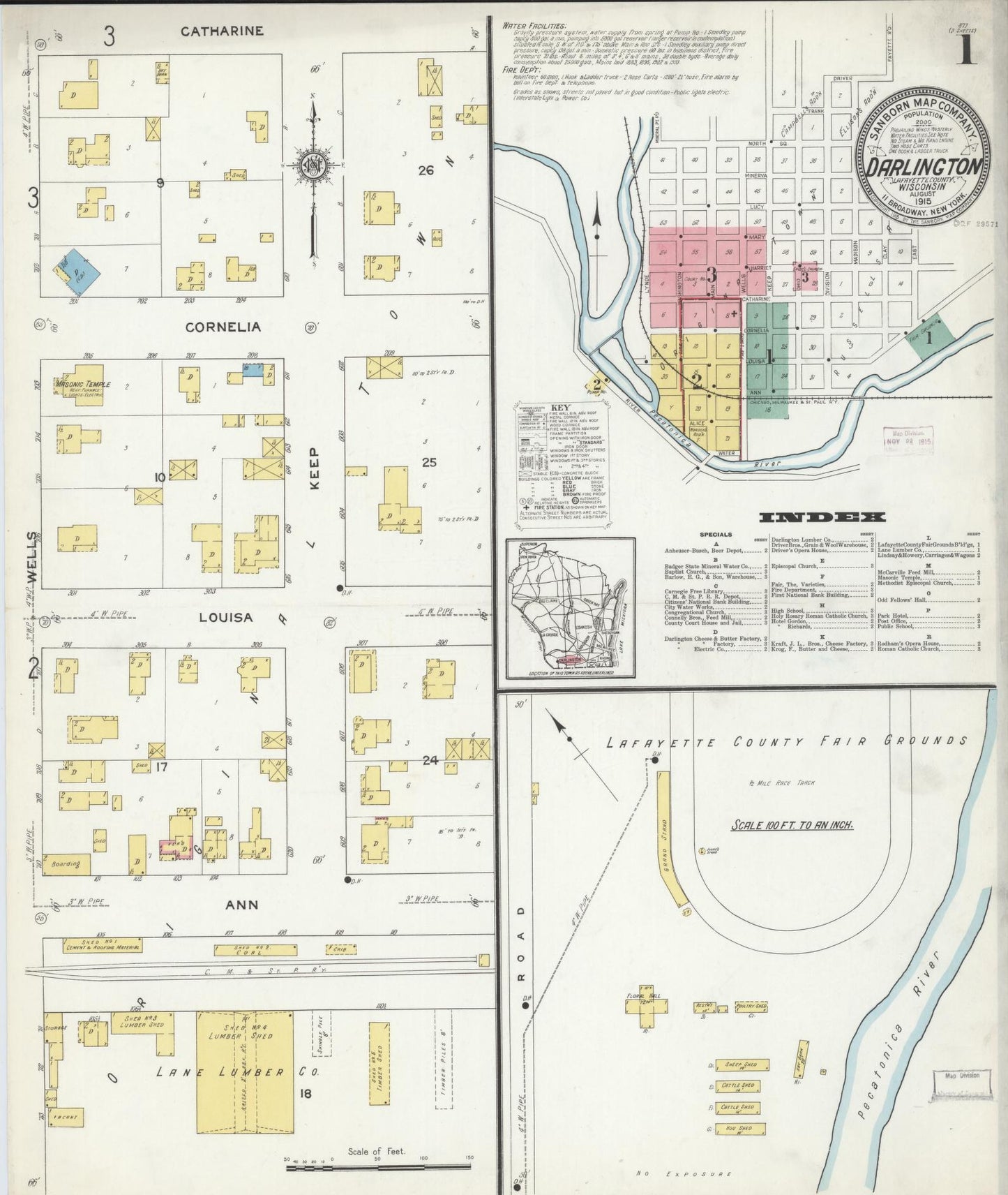 Sanborn Fire Insurance Map from Darlington, Lafayette County, Wisconsin (1915), Sheet #0001 - Historic Sanborn Fire Insurance Map Print, vintage old map wall art, antique decor, genealogy gift, Wisconsin Wisconsin map