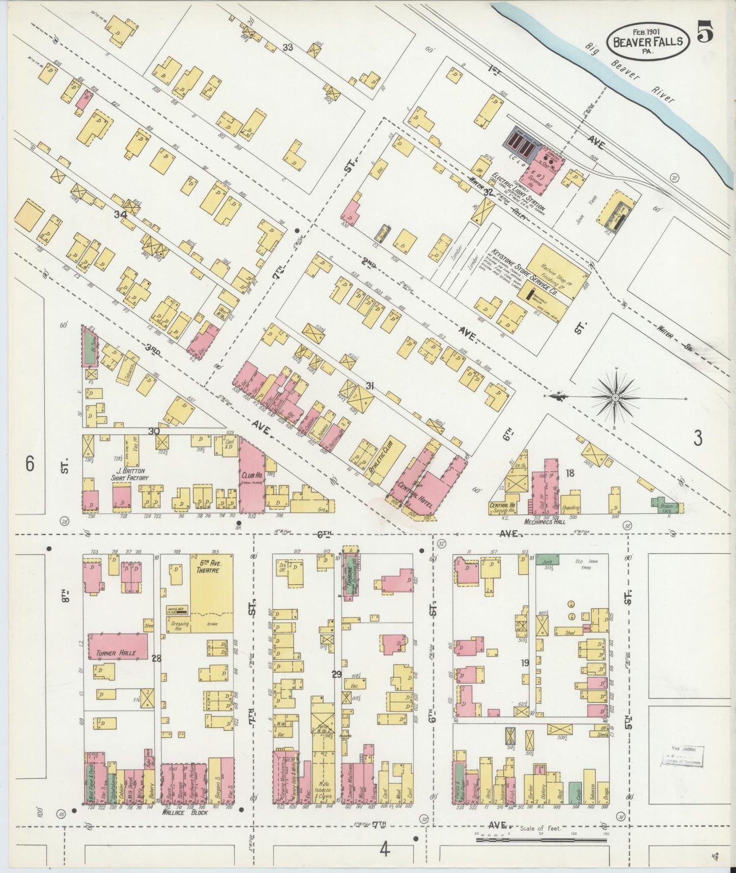 Sanborn Fire Insurance Map from Beaver Falls, Beaver County, Pennsylvania (1901), Sheet #0005 - Historic Sanborn Fire Insurance Map Print, vintage old map wall art, antique decor, genealogy gift, Pennsylvania Pennsylvania map