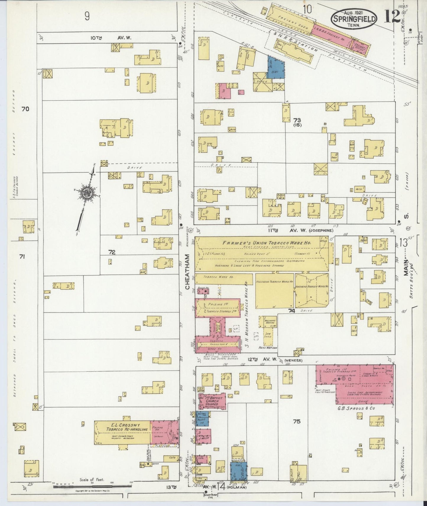 Sanborn Fire Insurance Map from Springfield, Robertson County, Tennessee (1921), Sheet #0012 - Historic Sanborn Fire Insurance Map Print, vintage old map wall art, antique decor, genealogy gift, Tennessee Tennessee map