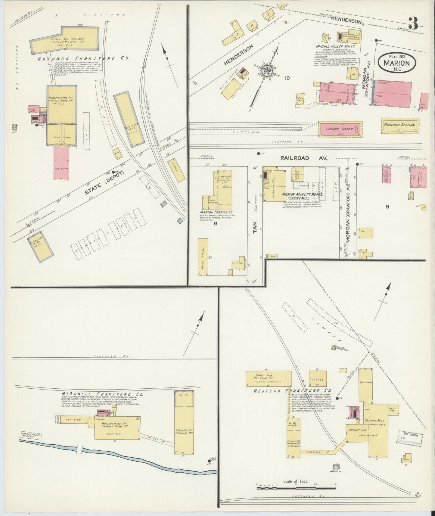 Sanborn Fire Insurance Map from Marion, Mcdowell County, North Carolina (1913), Sheet #0003 - Complete Map Set gallery image, historic Sanborn map, vintage wall art, North Carolina North Carolina